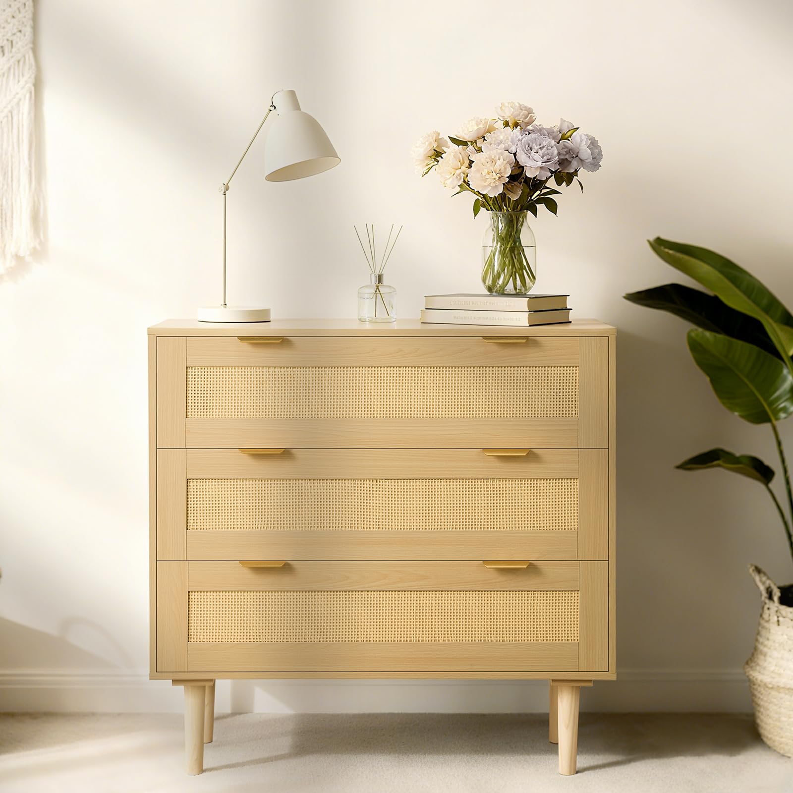 VEVOR Commode en rotin à 3 tiroirs, meuble de rangement avec poignées en métal et pieds en bois, organisateur de vêtements et rangement bohème en bois, armoire pour chambre à coucher, salon ou couloir