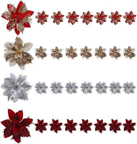 Miniatura 8 de 32 piezas de flores artificiales de Navidad para decoración de árbol de Navidad corona de flores rojas y doradas purpurina plateada con clips