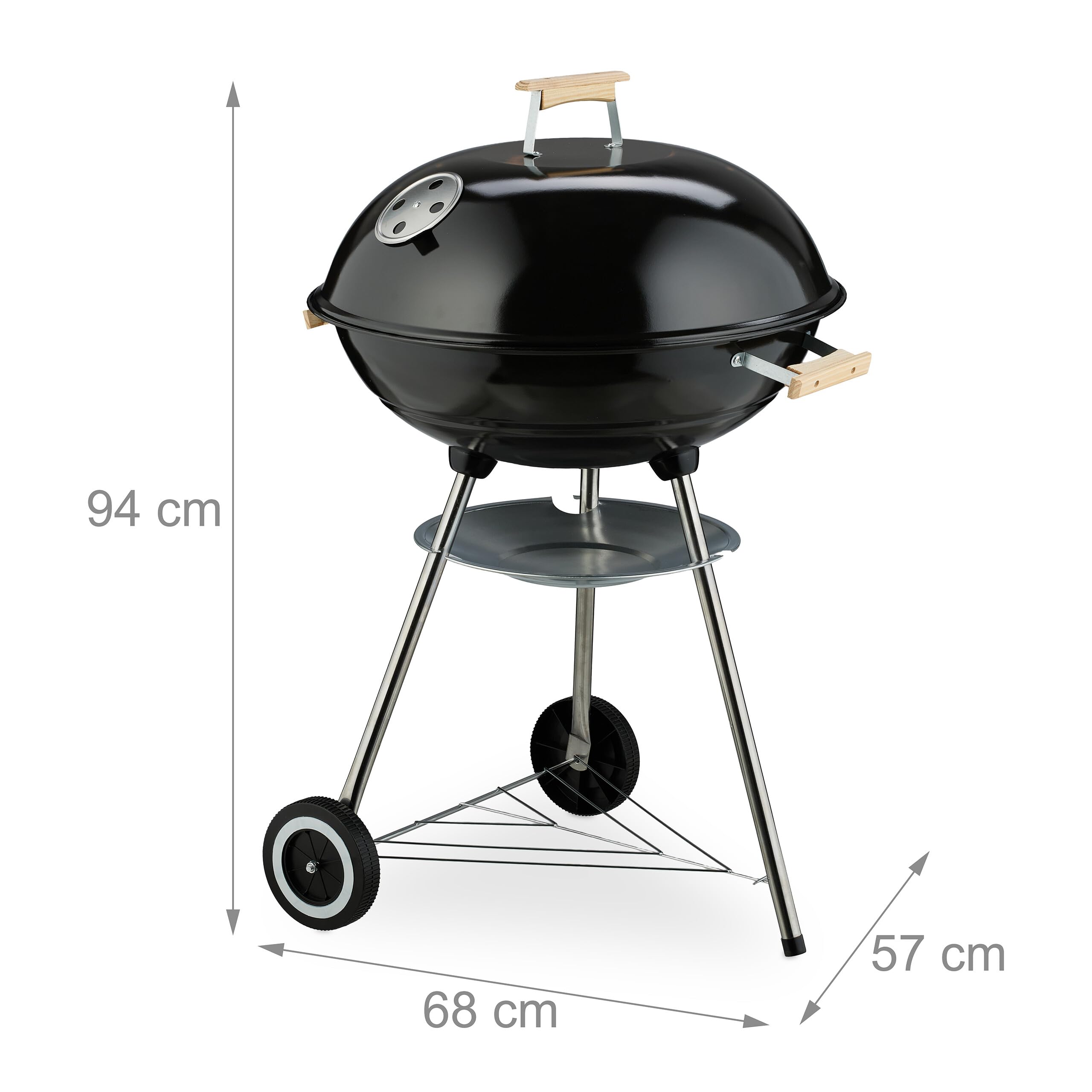 Relaxdays grill kulisty, Ø 54 cm, grill zewnętrzny z kółkami, łapacz popiołu, kratka wentylacyjna, grill na węgiel drzewny, czarny