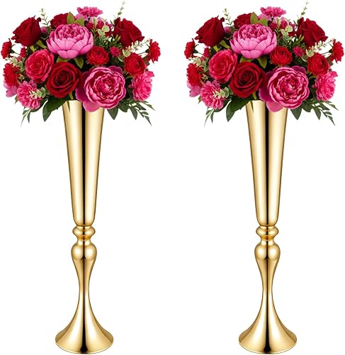 2 Pcs 22" Tall Gold Vases for Wedding Centerpieces Metal Large Trumpet Vase | Flower Stand for Centerpieces Flowers Arrangement , Table Decoration for Dinner, Party, Wedding,Anniversary,Aisle Home