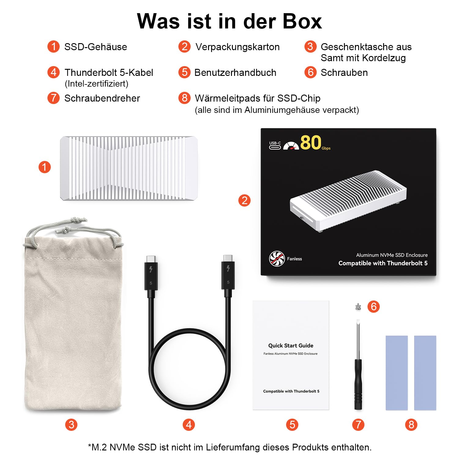 QWIIZLAB Lüfterloses 80Gbps M.2 NVMe SSD Gehäuse mit Aluminiumgehäuse, kompatibel mit Thunderbolt 5/4/3, abwärtskompatibel mit USB4/UBS3.2/3.1/3.0, unterstützt PCIe M.2 SSD bis zu 8 TB (Silber)