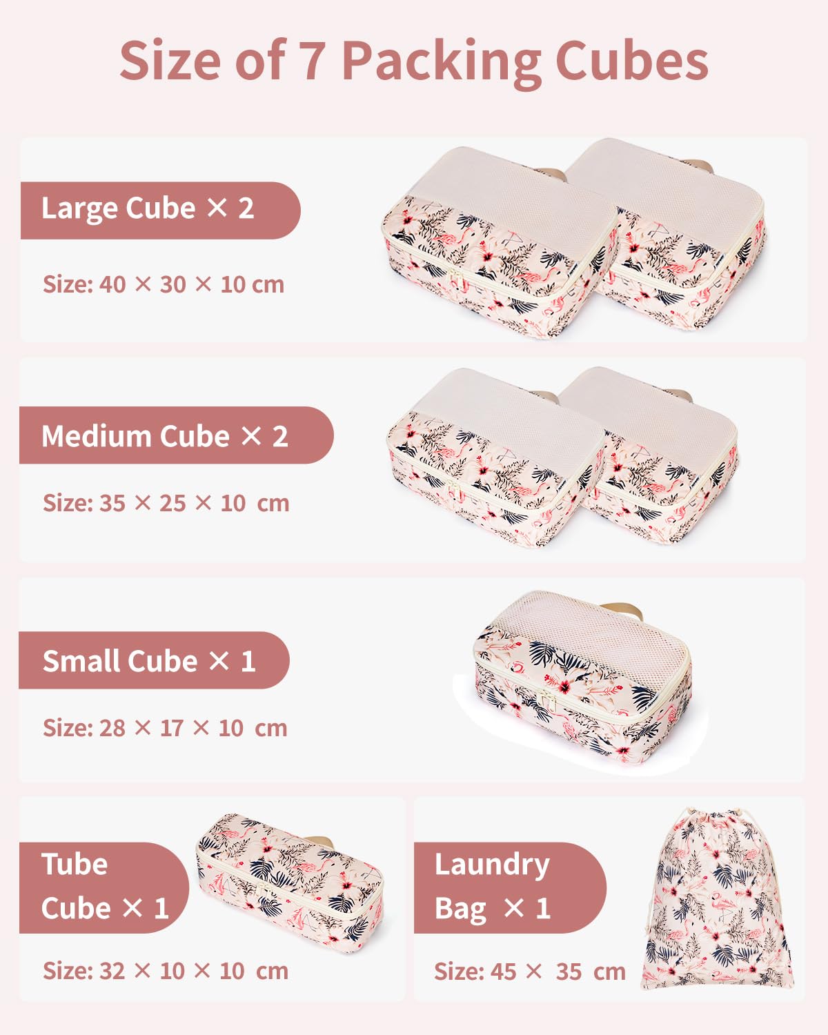 Narwey Organizer Valigia 7 Pezzi Set Packing Cubes, Organizer Valigia Viaggio Salvaspazio, Viaggio Accessori Utili per Vestiti Scarpe Deposito per Viaggiare (Beige Flamingo)