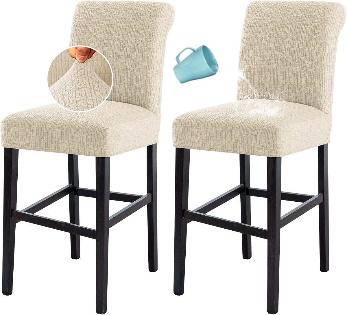 H.VERSAILTEX 100% Waterproof Pub Counter Stool Chair Covers Slipcover High Back Jacquard Crizzle Pattern Stretch Barstool Seat Covers with Backs Washable Dining Room Chair Covers Set of 2, Ivory