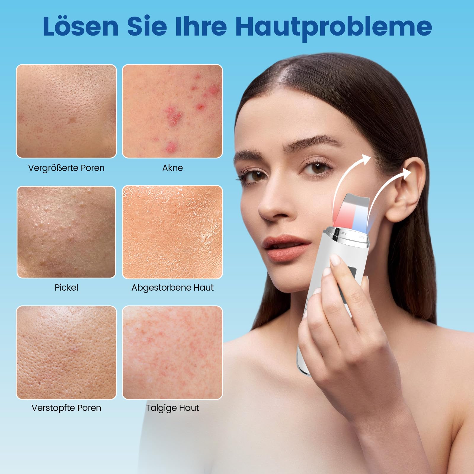 Skin Scrubber a ultrasuoni, pulitore per pori, elettrico con 4 modalità e luce rossa, luce blu, dispositivo ad ultrasuoni, dispositivo ad ultrasuoni per la pulizia del viso (bianco)