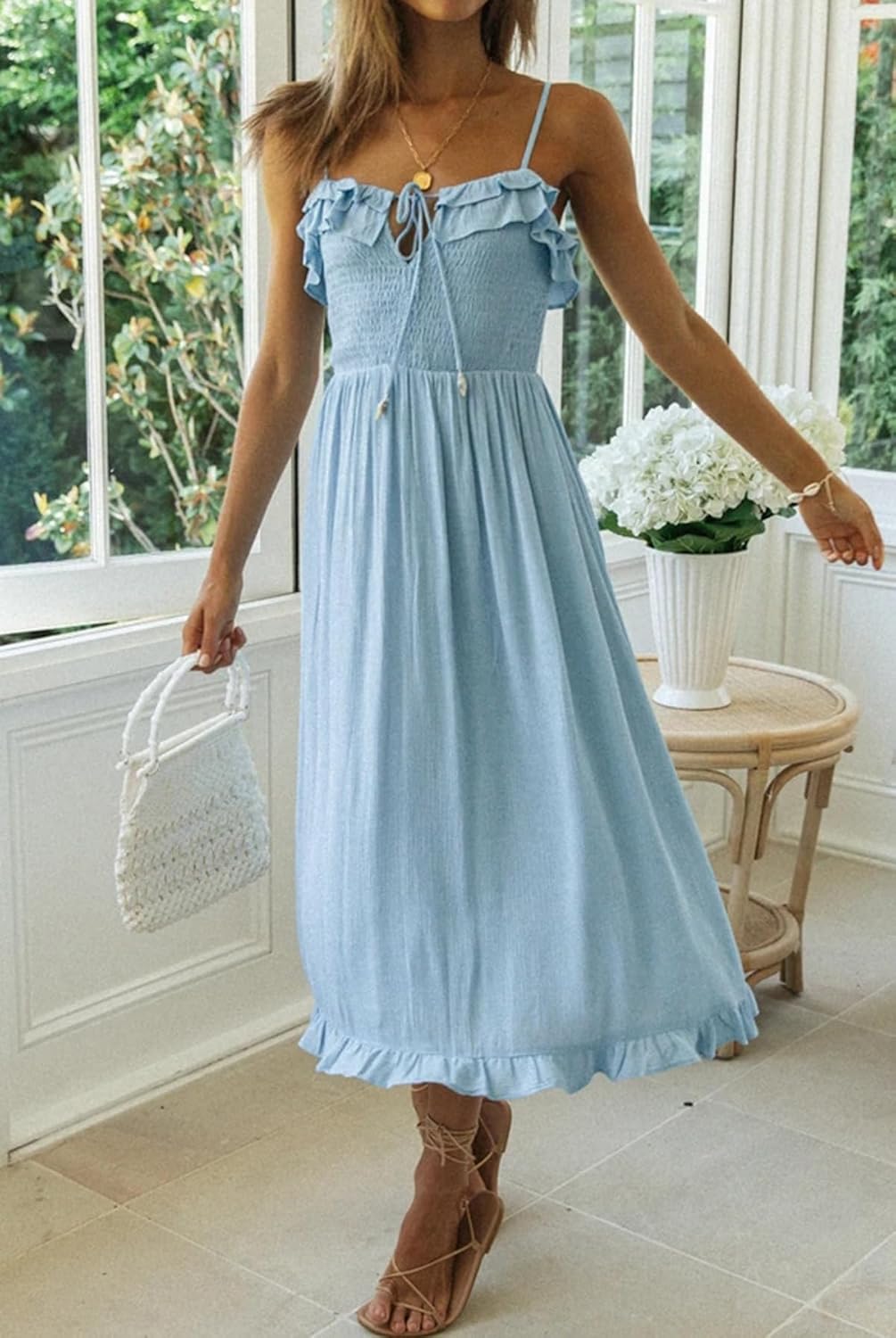 R.Vivimos Womens Summer Cotton Spaghetti Straps V-Neck Ruffle Casual Boho Midi Flowy Dress - Image 4