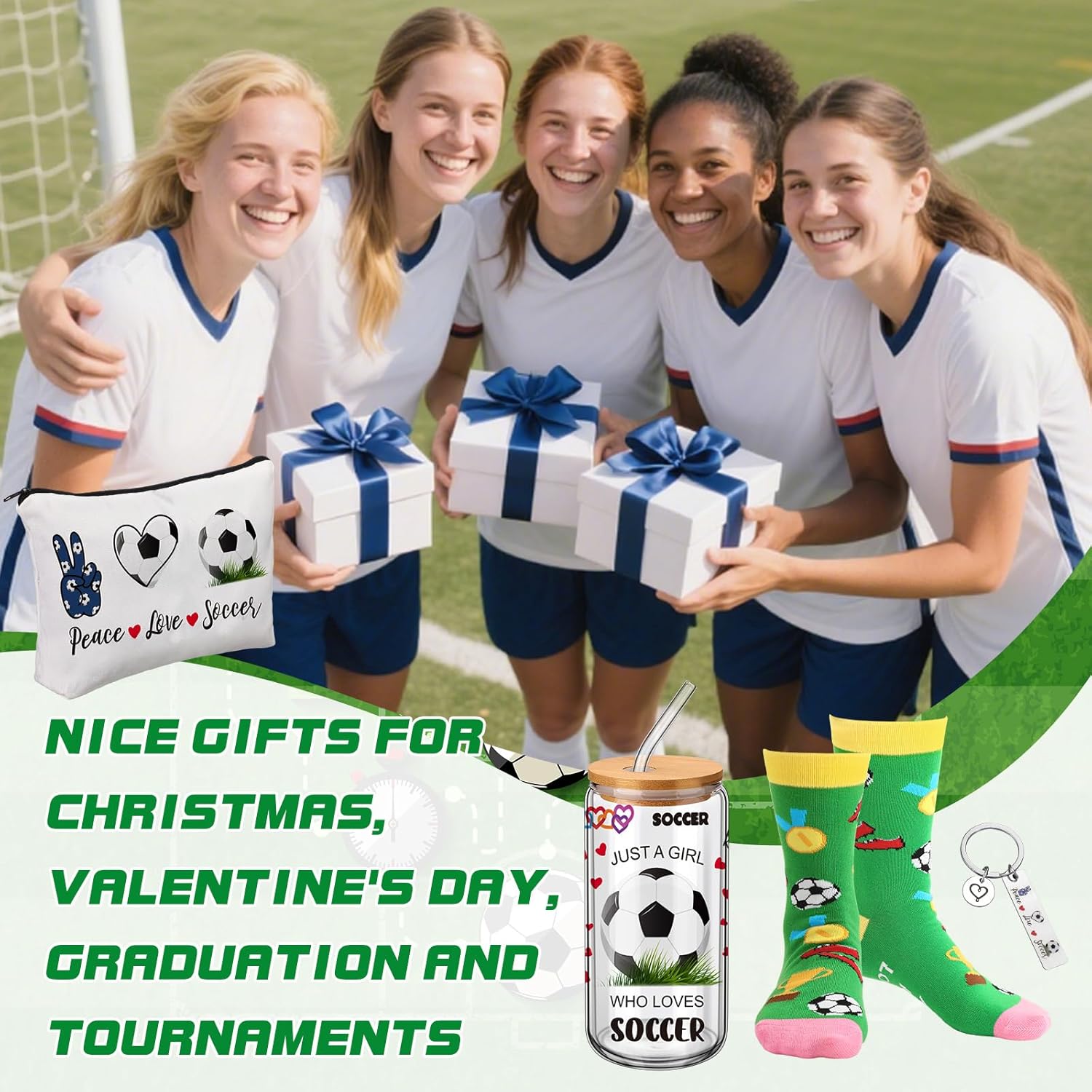 JenPen 4 Pcs Valentine's Day Soccer Gifts for Women Girls Include 17oz Glass Cup with Lid Straw Soccer Crew Socks Makeup Bag Keychain Accessories for Mom Coach Players Lover Teams - Image 6