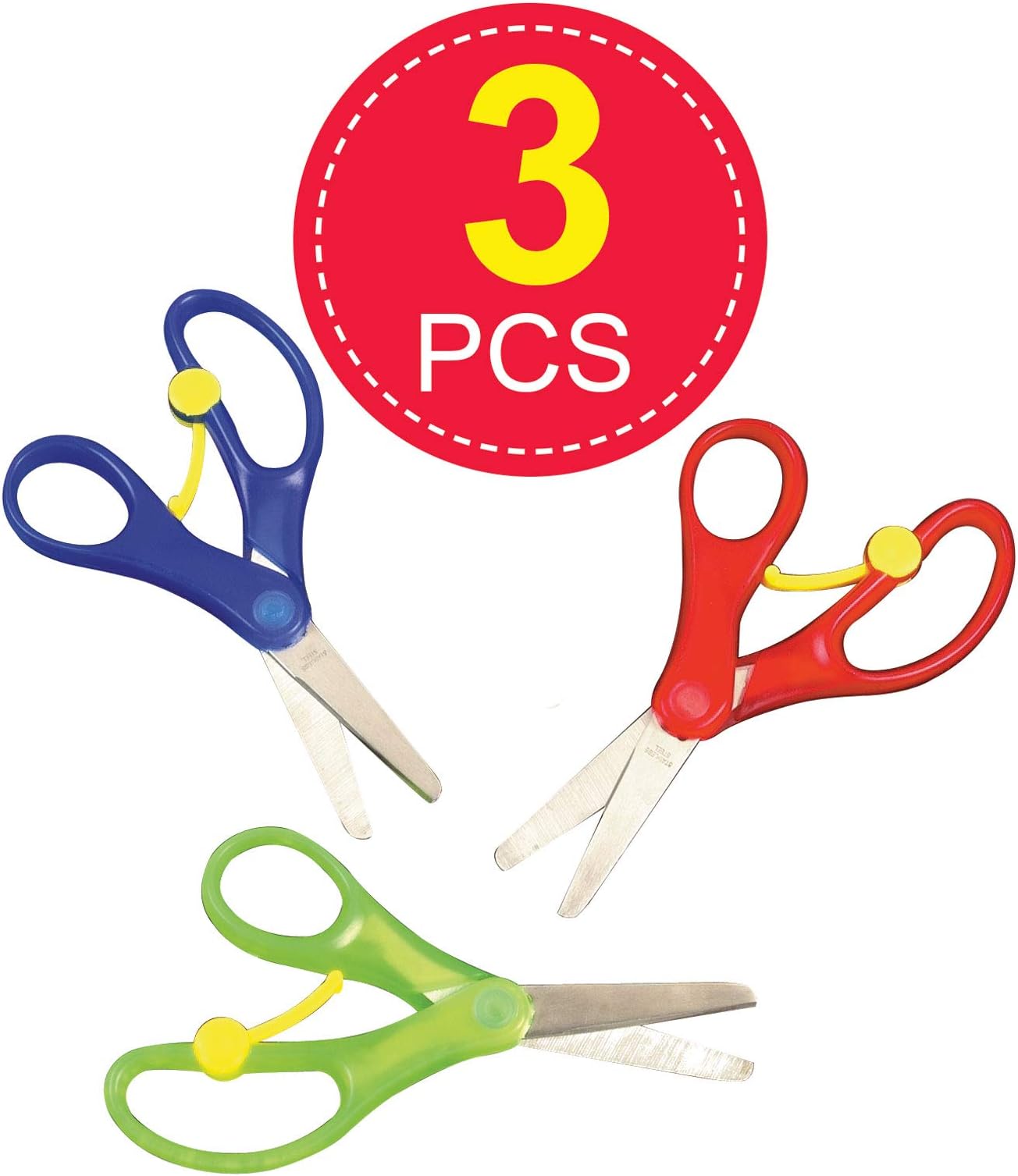 Baker Ross E7376 Spring-Loaded Scissors - Pack of 3, Small School Childrens Kids Scissors, Stainless Steel Blades Safety Comfort Grip Handles Student Toddler Craft Cutting, Assorted Colour, 13cm