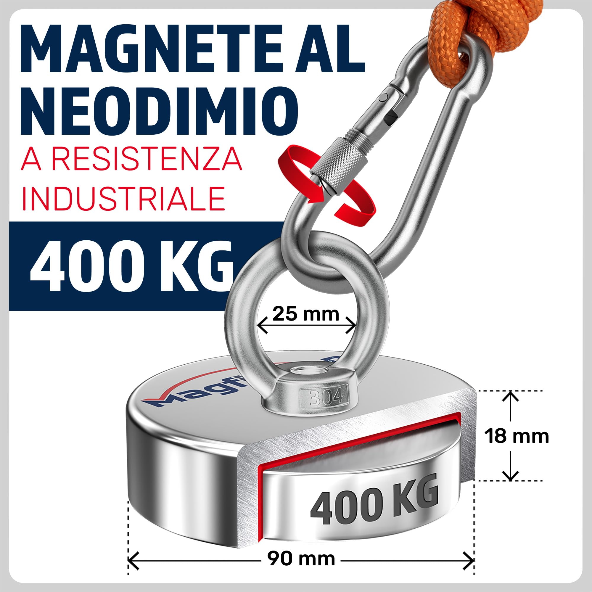 MAGFISHION Imanes Neodimio Potentes 400KG Ø90mm con Cuerda 20M y Guantes