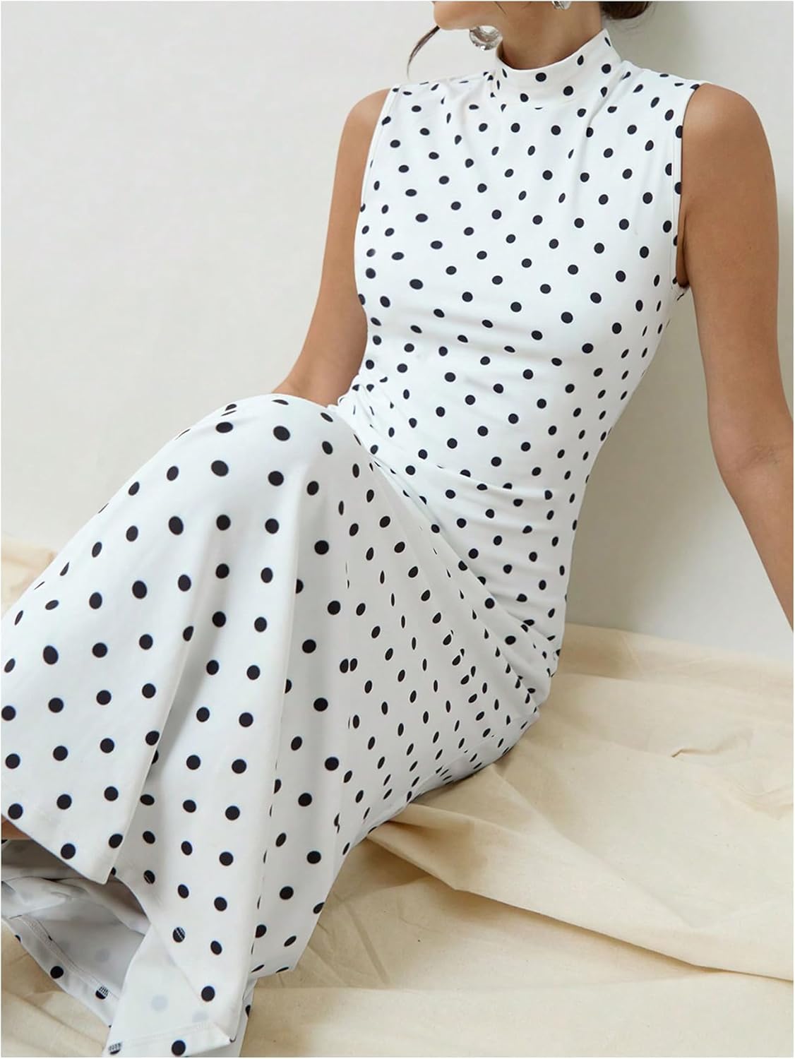 Milumia Women's Polka Dots Maxi Tank Dress Vintage Mock Neck Sleeveless Elegant Long Dresses - Image 5