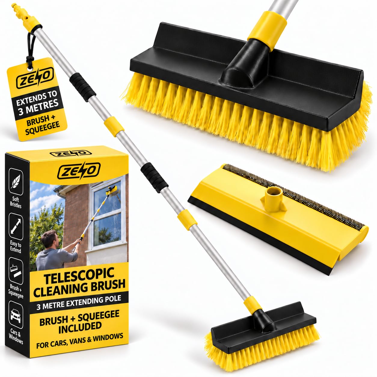 ZENO Telescopic Cleaning Brush | 3 Meter / 9 Feet Extending Window Cleaning Pole | Telescopic Window Cleaner | Washing Kit with Squeegee & Soft Bristle Brush | Ideal for Cars, Vans & Windows