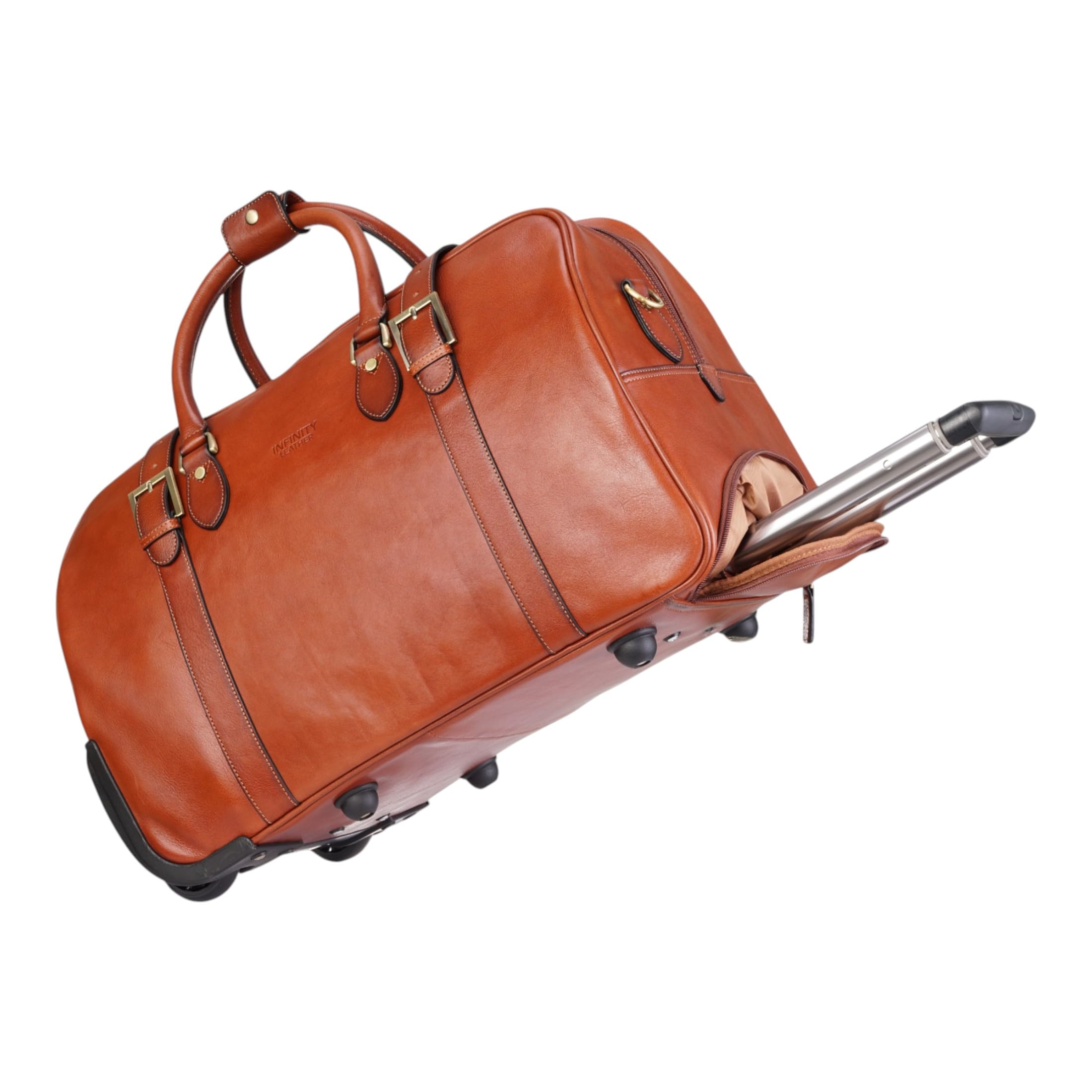 Reisetasche Mit Rollen aus Echtem Leder 43 l Vintage Reisetasche Für Herren Weekender Aus Rindsleder Mit Schultergurt, Messingbeschlägen und Nylonfutter