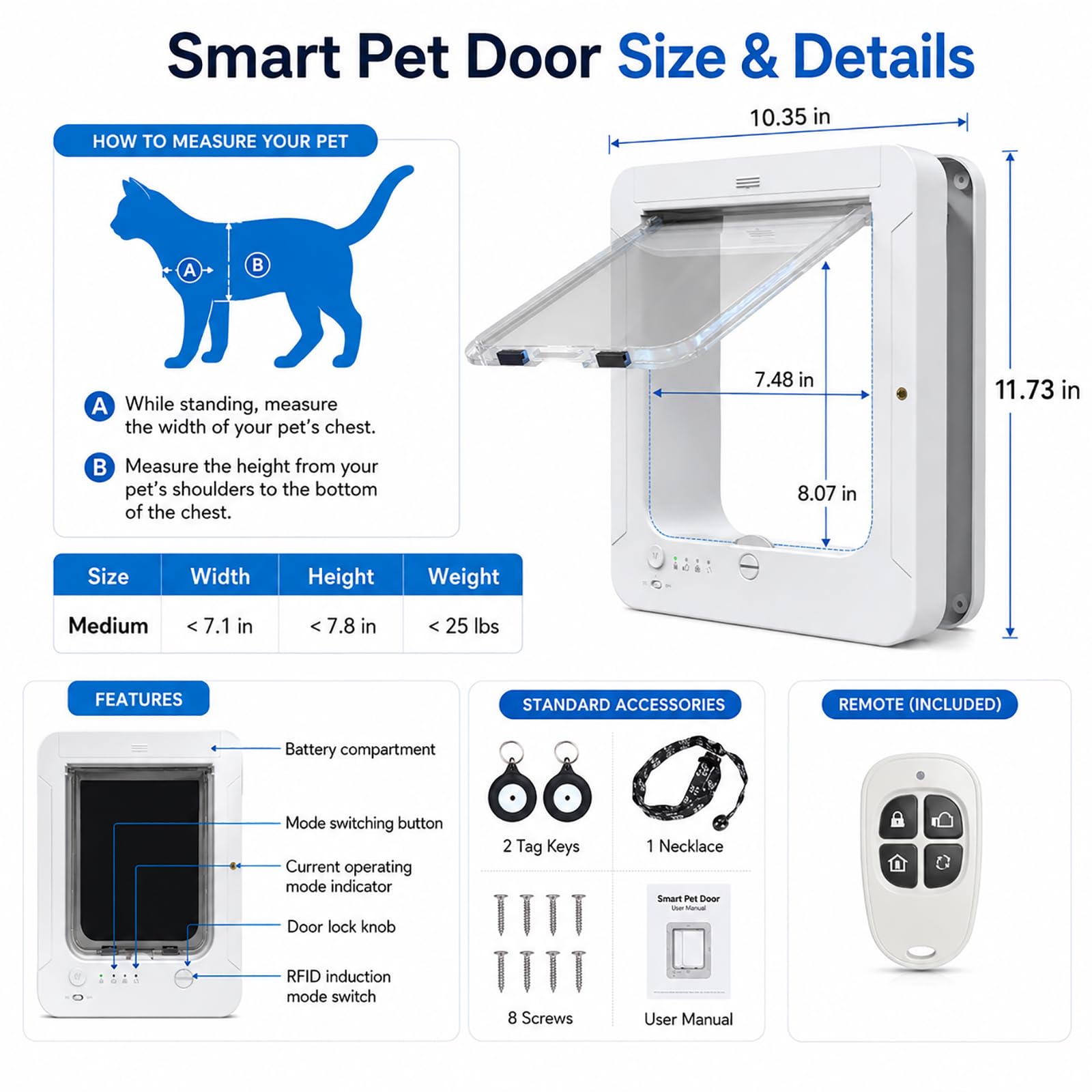 Puerta para Gatos RFID Inteligente, Trampilla Automática para Gatos con Microchip con 2 Llaves Sensor y Control Remoto para Gatos y Mascotas Pequeñas Brown