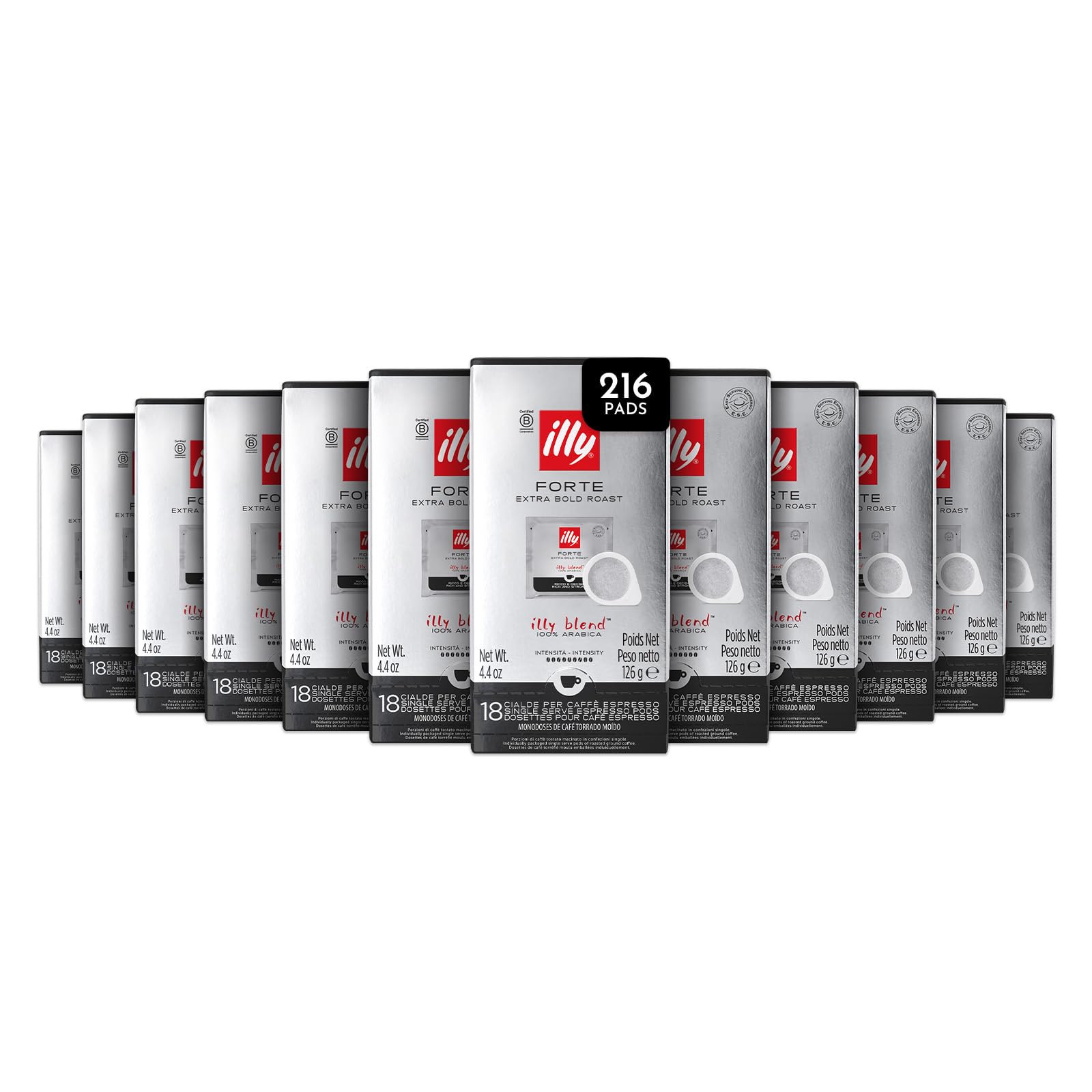 illy, Kaffee in E.S.E. Pads Einzeldosis FORTE, 216 kompostierbare Pads | 100% Arabica mit Intensivem Röstbrot-Aroma, Nachgeschmack von Dunkler Schokolade, 12 Packungen mit 18