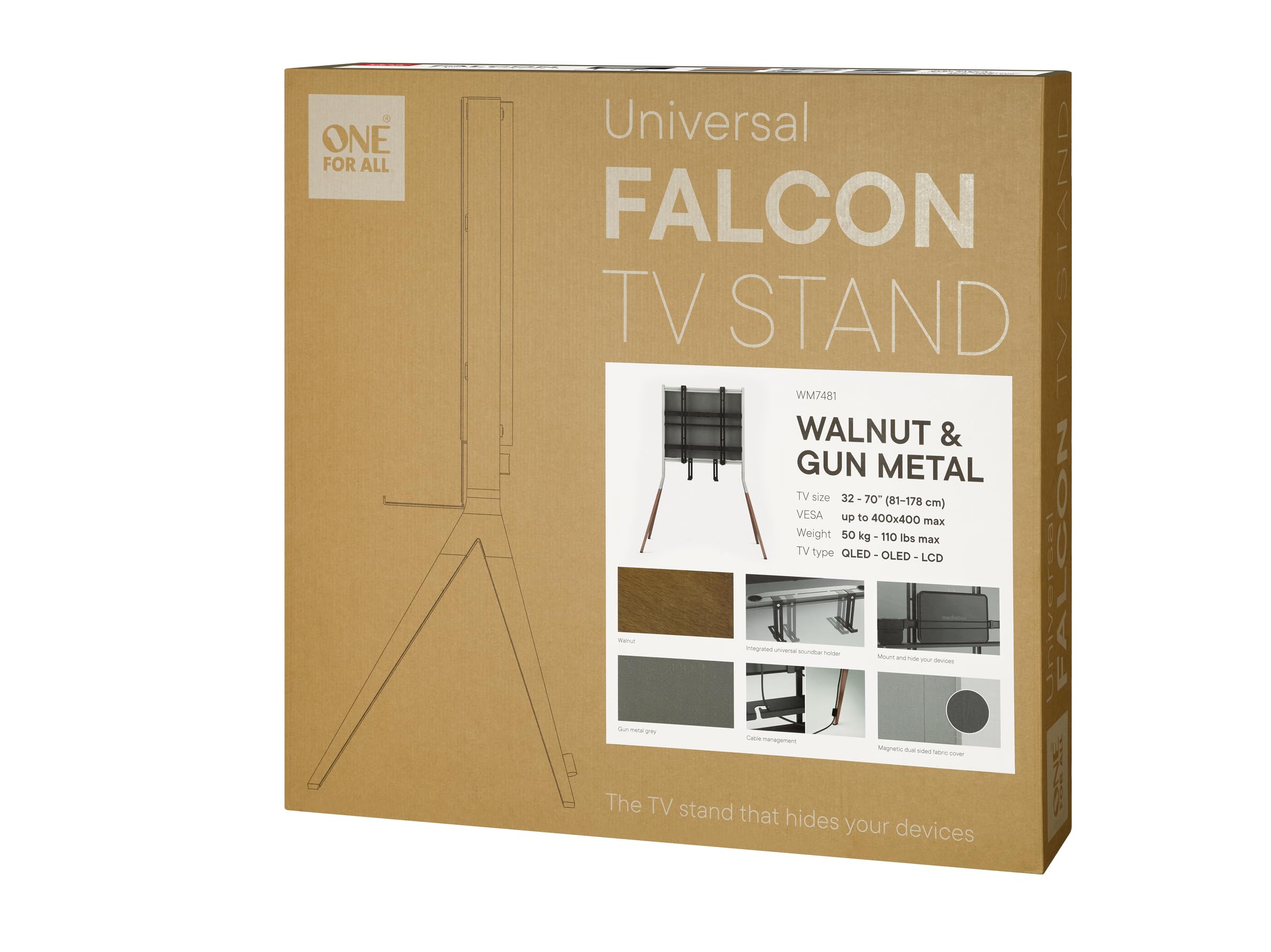 Soporte de televisor Universal de One For All – Pantallas de 32 a 70” – LCD/LED/Plasma/OLED/QLED TVs – VESA 400x400 – Soporte de Barra de Sonido Integrado – Diseño Elegante – WM7481