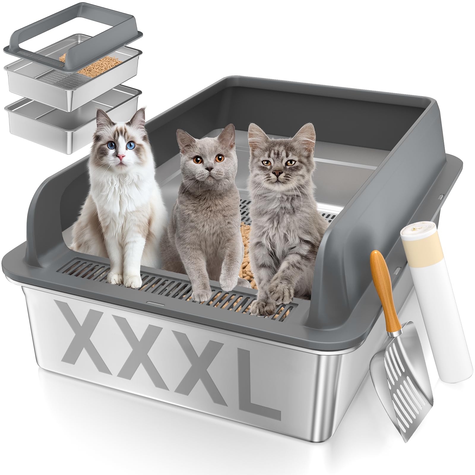 XXXL Stainless Steel Sifting Litter Box with Lid, 28'' L &times; 20'' W Extra Large Sifting Cat Litter Box for Pine Pellets & Big Cats & Multiple Cats, Metal Pellet Sifter Litter Pan System for Odor Control