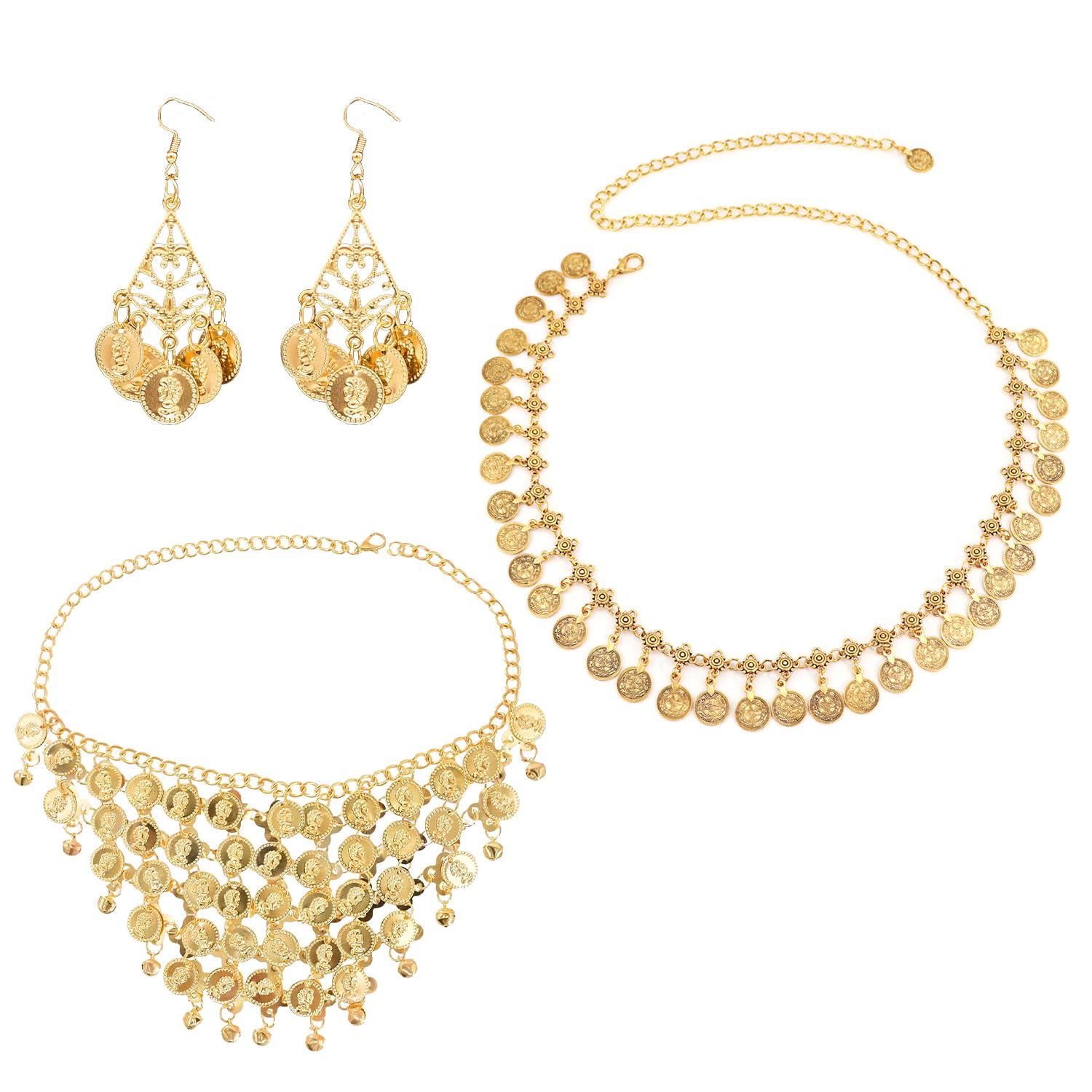 DIPZO Egyptian Costume Accessories Golden Hair Clips and Necklace for Cleopatra Party and Belly Dance Festival Performance