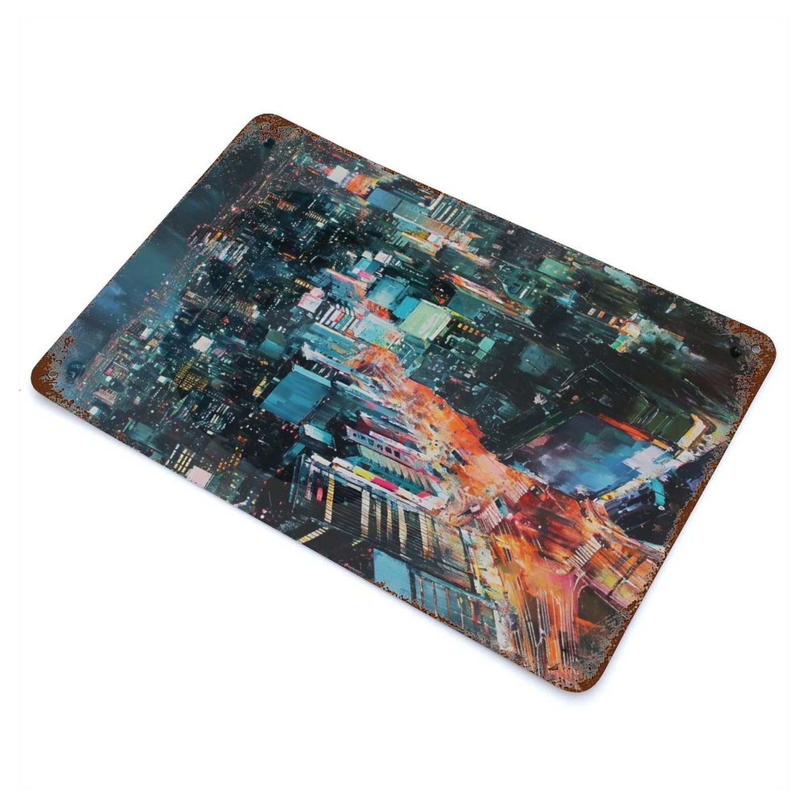 Garage Style Night Cityscape Painting Distressed Metal Wall Sign 11.8"x7.9", Novelty Wall Decor for Bar And Workshop