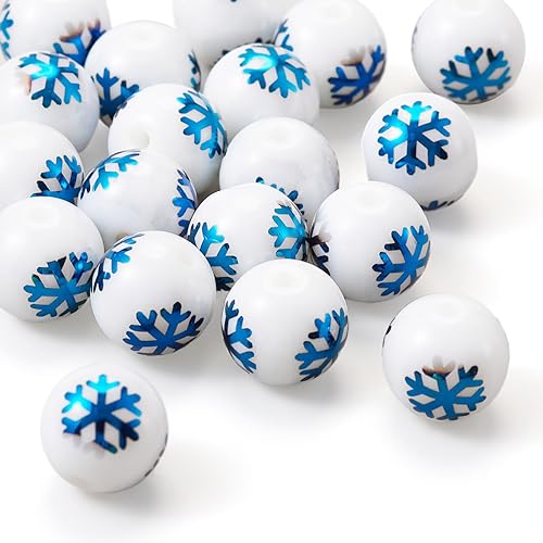 Beadthoven - 20 cuentas de copo de nieve de Navidad de 0.394 pulgadas (0.394 in), cuentas redondas de vidrio blancas de copo de nieve de Navidad,