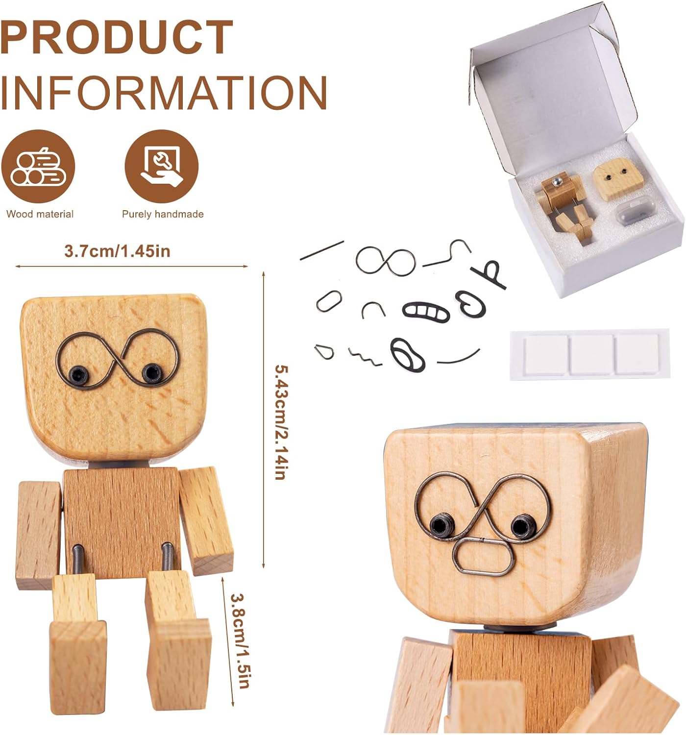 Shaking Wooden Man Figurine with 12 Magnetic Expressions-Handmade Wobbly Figure for Dashboard Decor,Desk Ornament,Car Accessories,Spring-Leg Design,Swaying Wooden Figure,Car Dash & Office - Image 3