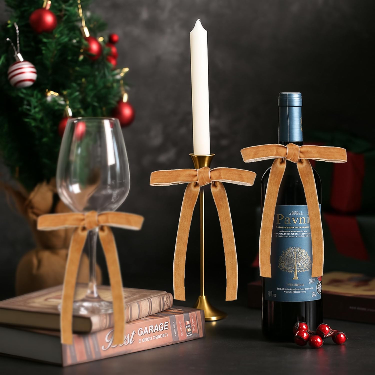 AYGXU 30pcs Velvet Bows for Christmas Tree Decorations,Twist tie Bows,Vintage Christmas Bow Decor,premade Bow for Gift Wrapping,Table,Garland,Fireplace Decor.Khaki(5/8" W,5.1 * 7in) - Image 7