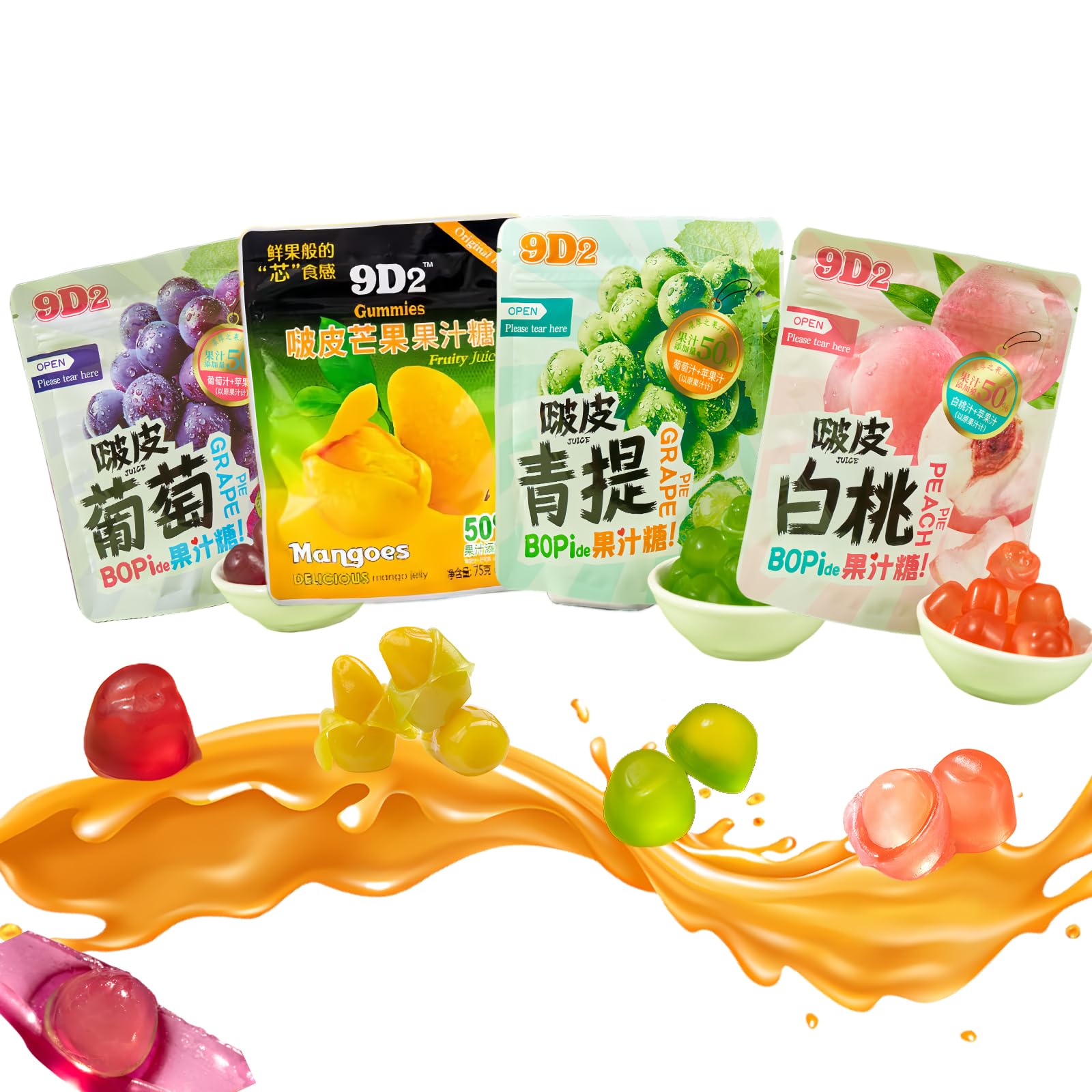 Peelable Crystal Fruit Gummy Candy - 4D 50% Real Juice Content Fudge Candies, Individually Wrapped Assorted Flavors Candy Snacks, Chewy Gummies Fun Soft Sweets, Desserts, Casual Snacks(4 pcs)
