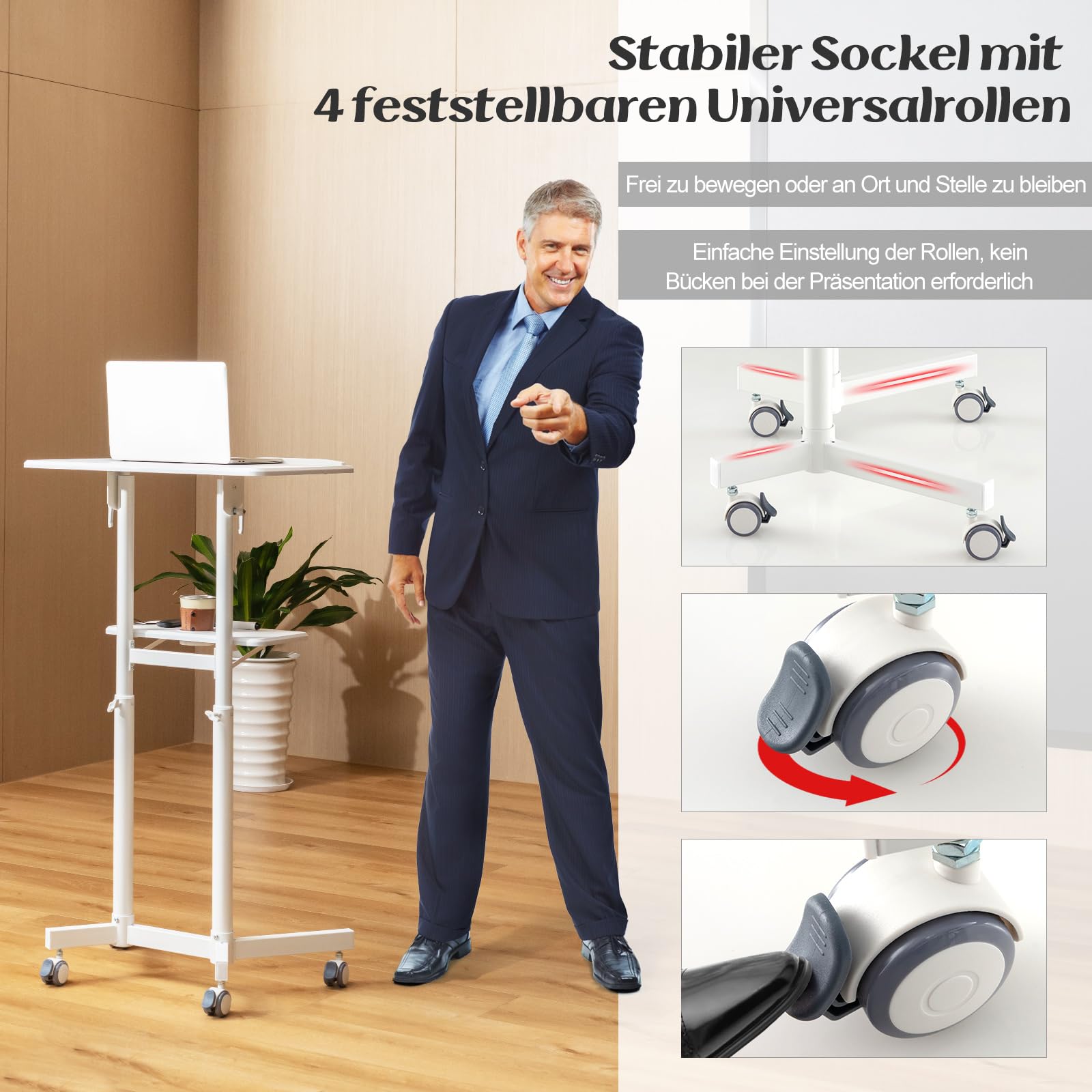 COSTWAY mobiles Rednerpult, Stehpult höhenverstellbarer, Laptopwagen mit neigbarer Tischplatte, Ablagefach & Getränkehalter, Kanzelständer mit feststellbaren Rollen für Zuhause, Büro (Weiß)