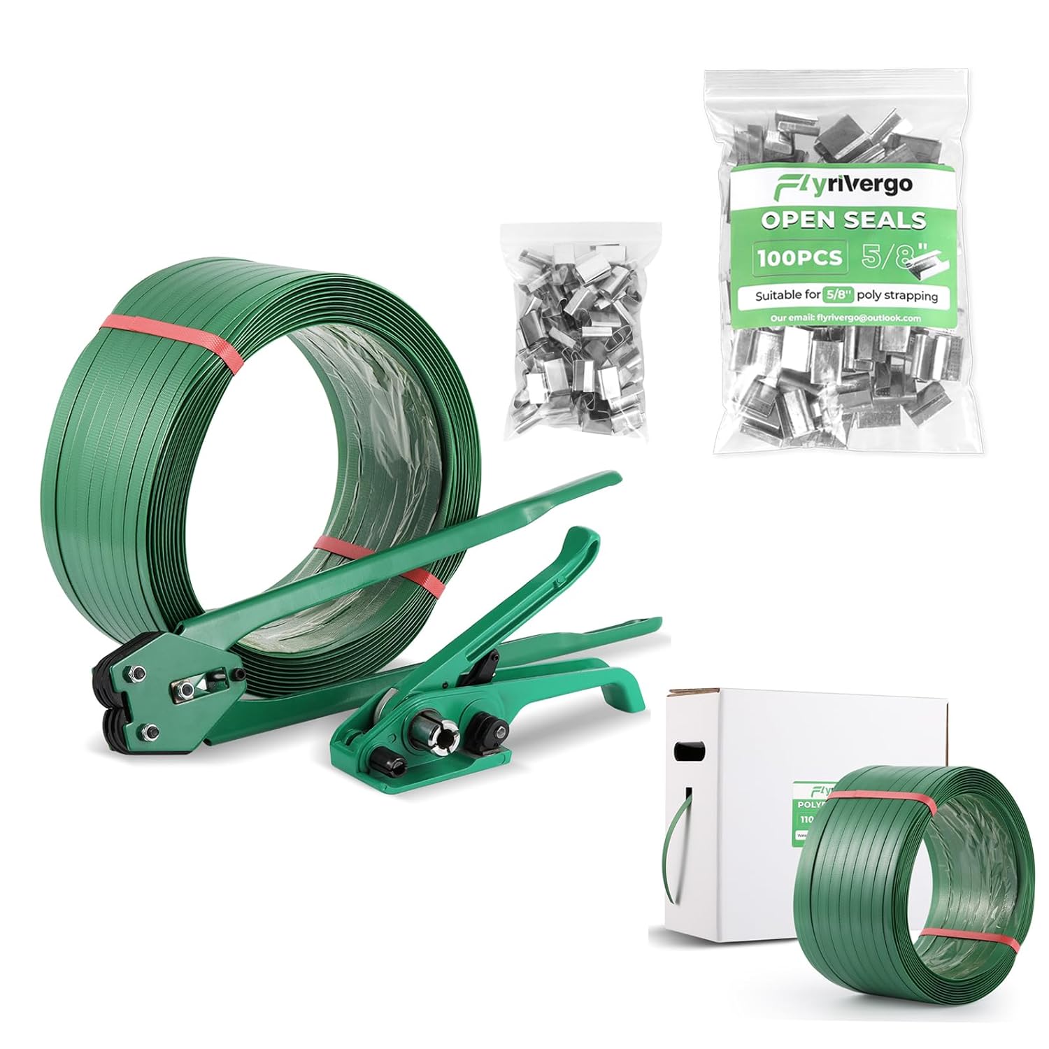 Polyester (PET) Banding Strapping Kit + One 5/8" x 1049' Polyester (PET) Strapping Banding Roll + One Bag of 100pcs Packaging Open Serrated Seals