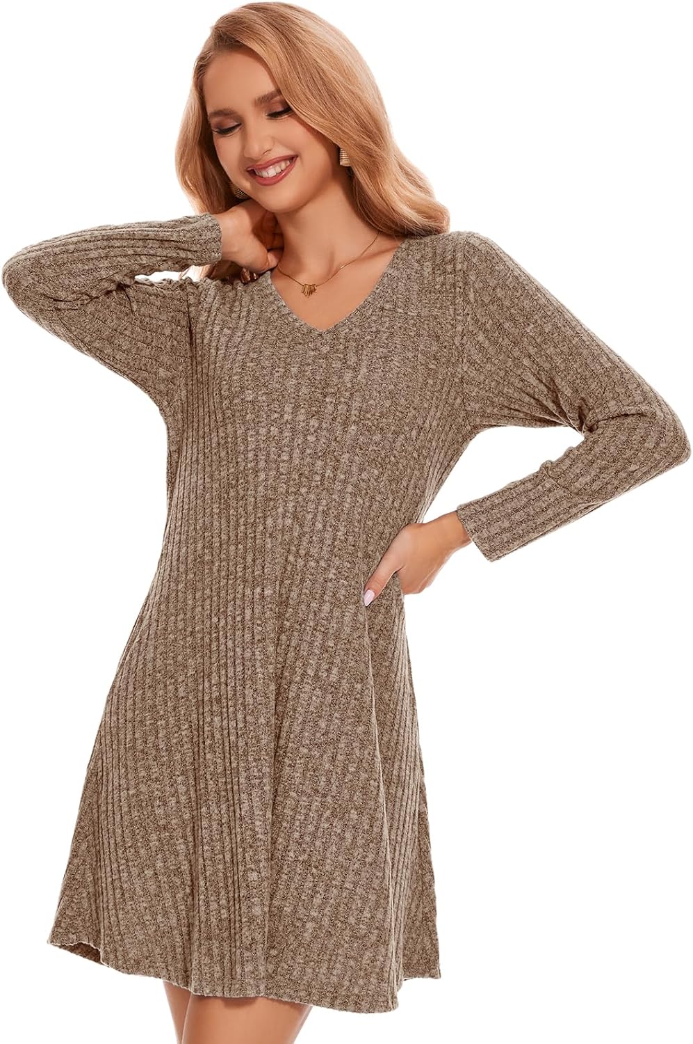 ZENNILO Women Plus Size Sweater Dress Long Sleeve Dress for Women Basic V Neck Fall Winter Tunic Dresses with Pockets - Image 4