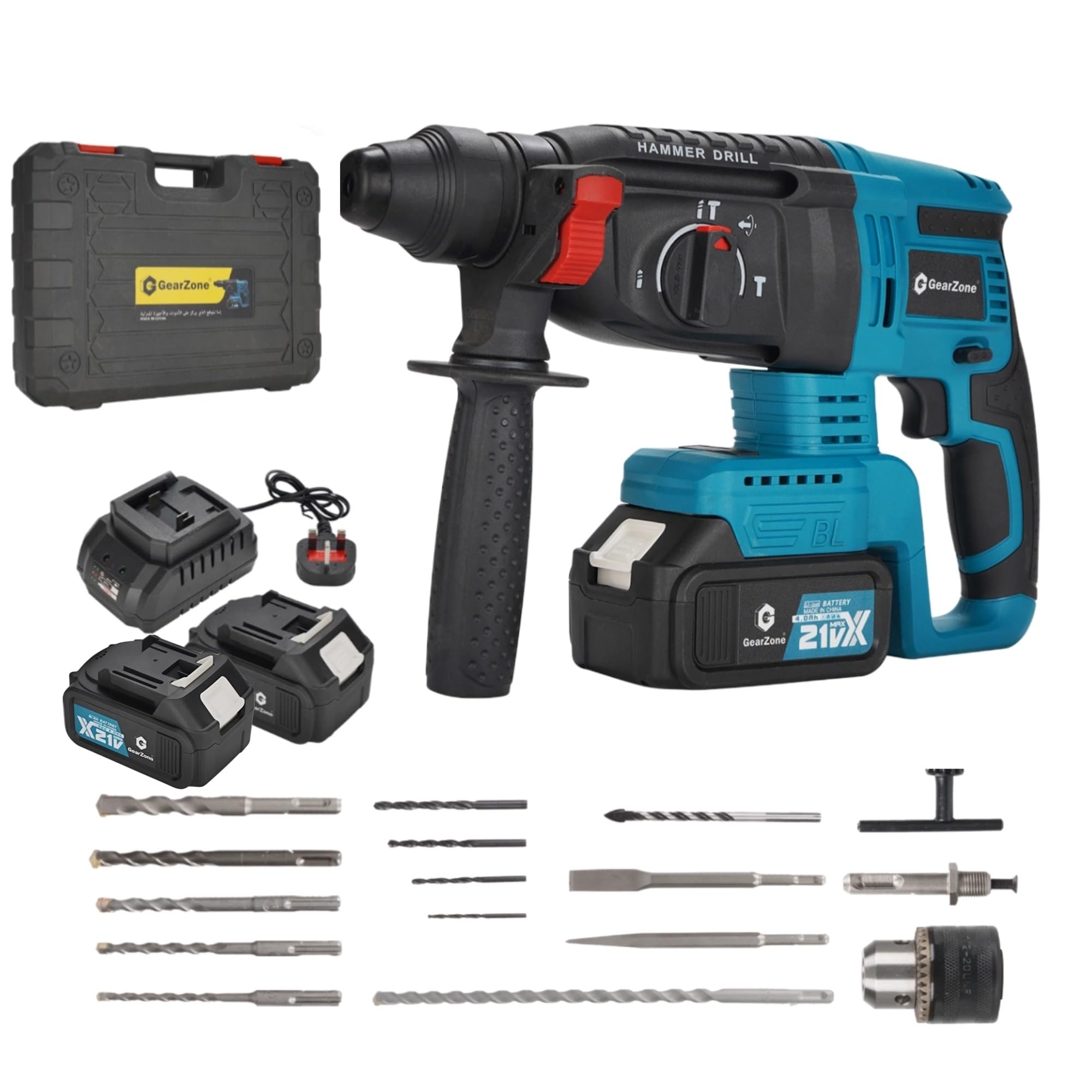 GearZone Cordless Electric Hammer Drill, 21V High Power, With 17 Pieces Accessories Bit Set, for Metal Concrete & Wood Drilling, With Two Lithium Batteries-Blue Color