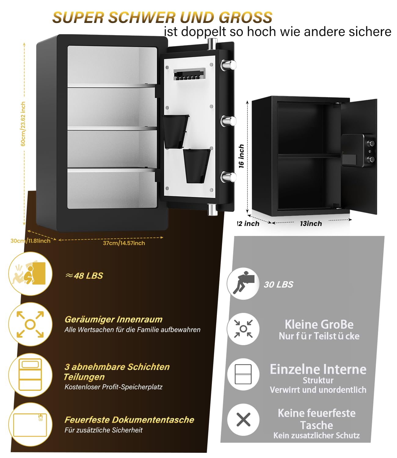 Caja fuerte grande de 75 l, biométrica para el hogar, caja fuerte digital, resistente al fuego, impermeable, antirrobo, para pasaporte, dinero, documentos, medicina