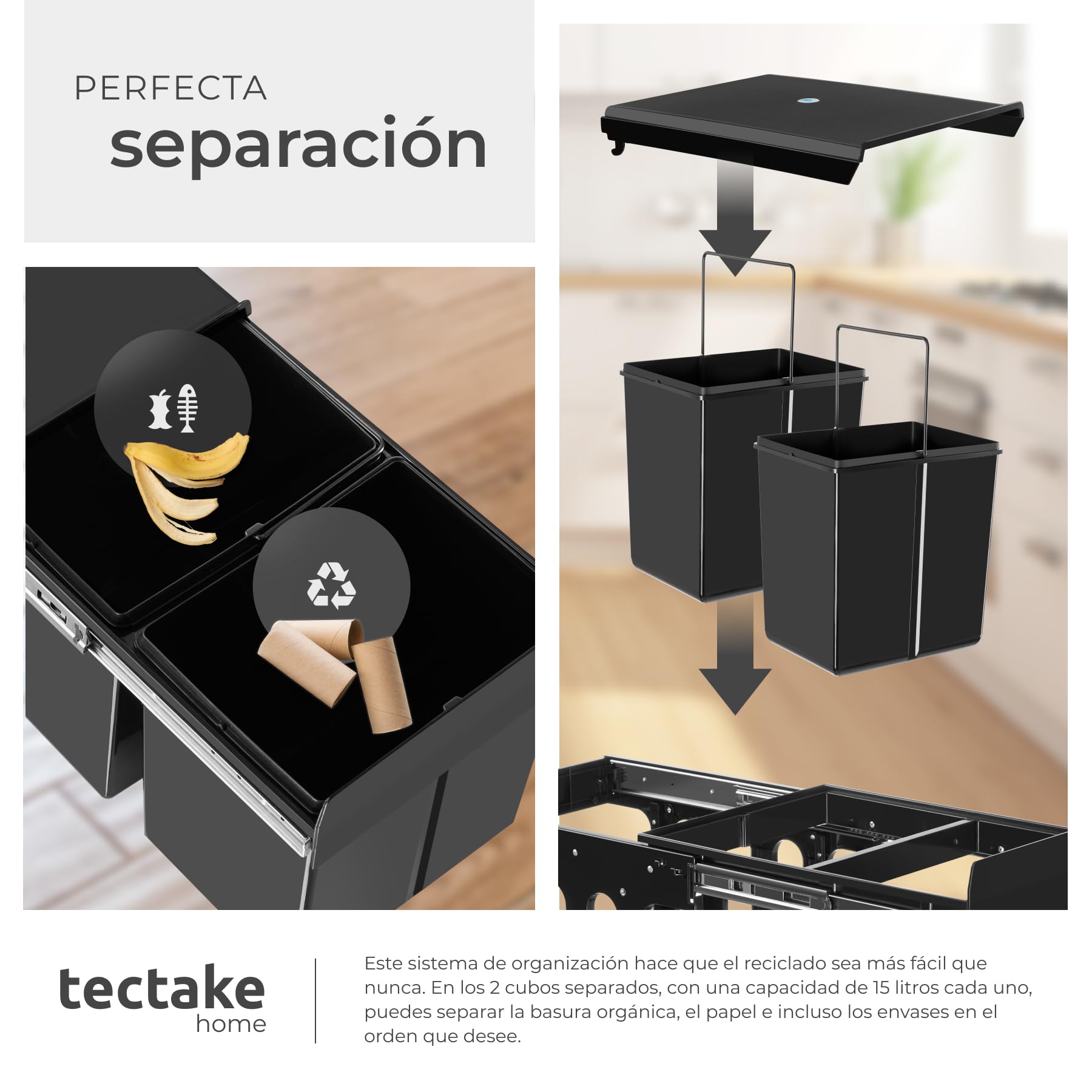 tectake® Cubo de Basura Extraíble, Triple, 30L, Papelera Cocina con Guías Telescópicas, 2 Contenedores Separados para Reciclaje, Cubo Basura Cocina, Fácil Montaje, Material Resistente - 2x 15L