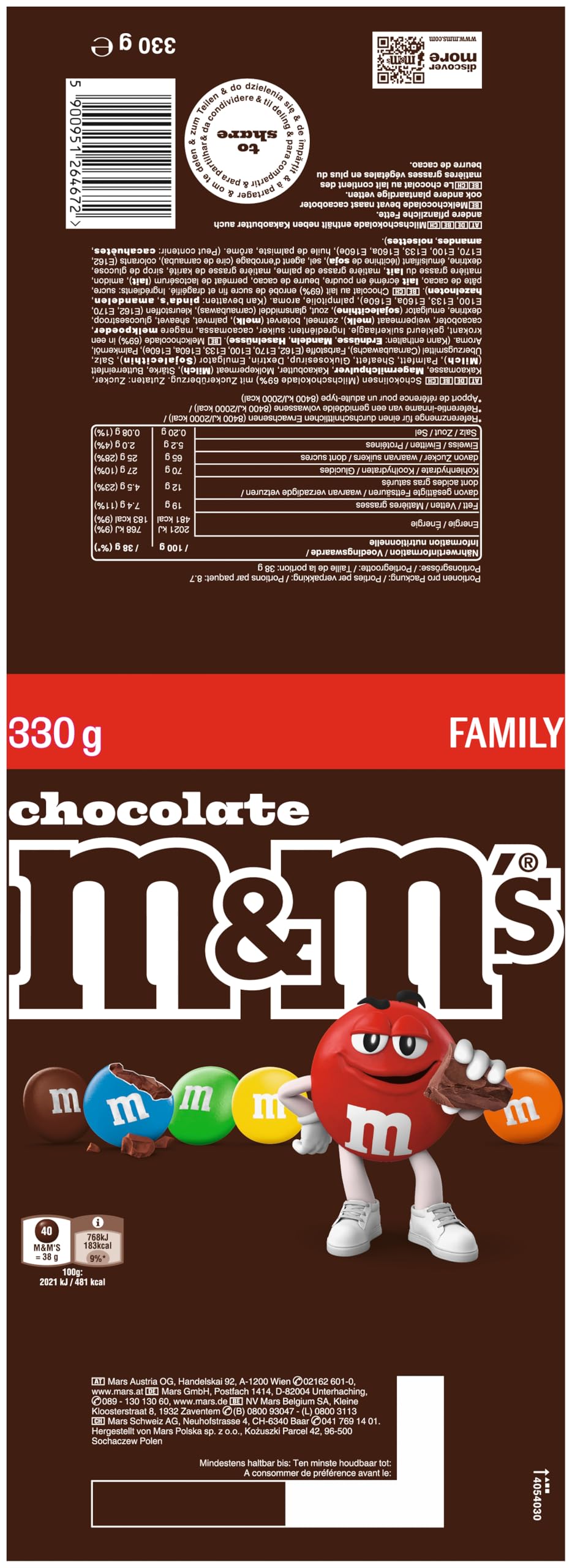 M&M’s Chocolate 20 x 330g Familienpackungen Schokolade, Knackige Schokolinsen mit bunter Zuckerhülle als Süßigkeiten, Party-Mix, 6600g