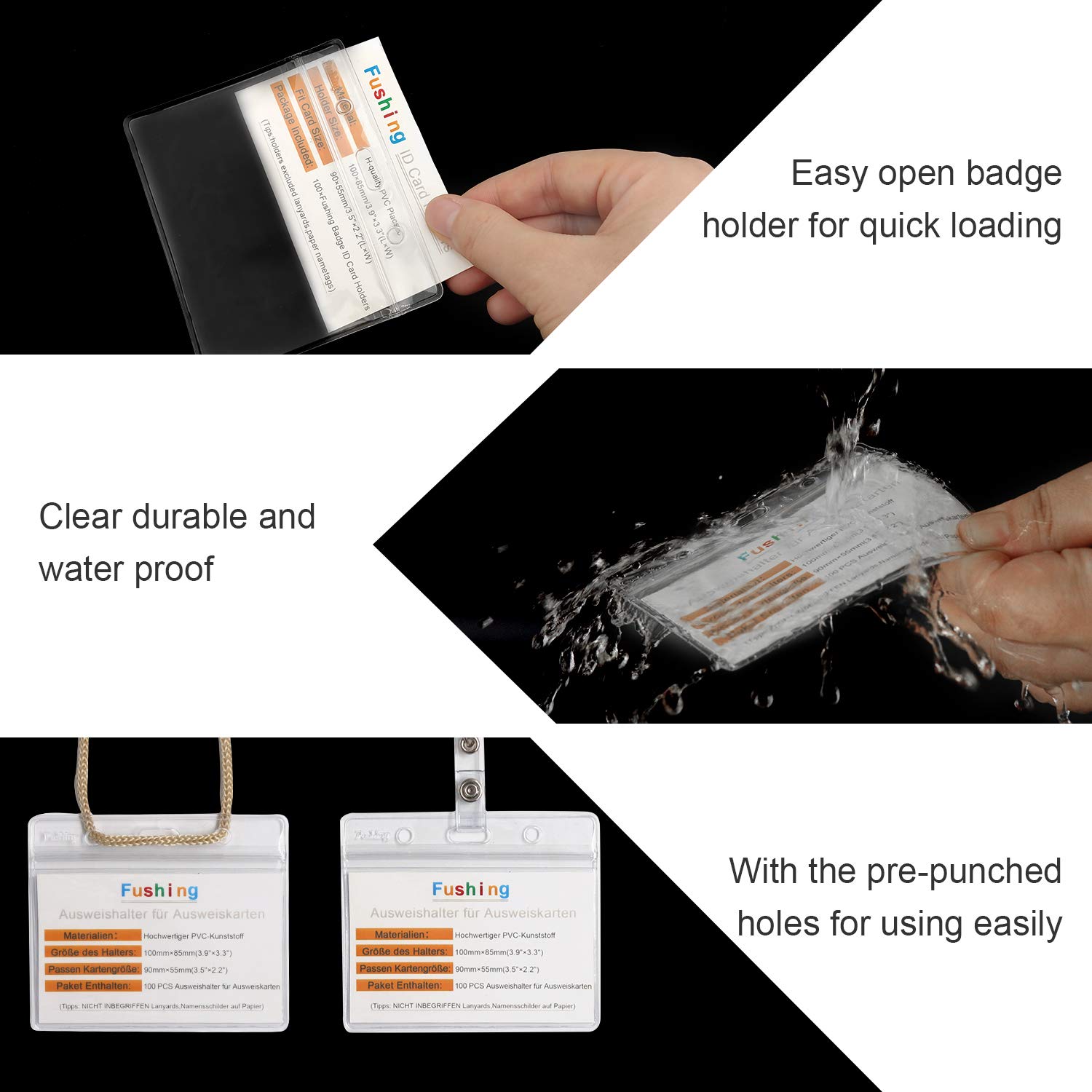 Fushing - Lote de 10 soportes retráctiles para tarjetas de identificación, de plástico transparente y resistente al agua, con carrete de insignia retráctil, mosquetón y anillo (Horizontal)