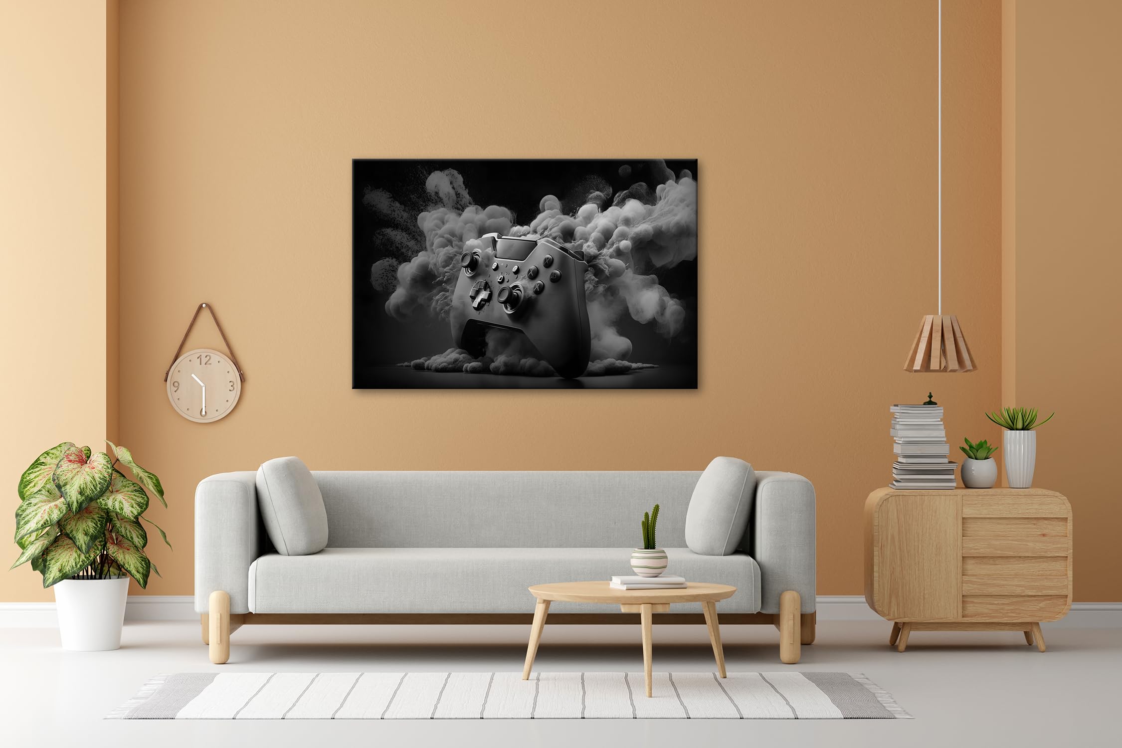 Leinwandbild Gaming trifft Farbe – Controller als Kunst in Bewegung. Format: 100x70cm Effekt:Schwarz&Weiß XXL Kunstdruck Bild auf Keilrahmen/Wandbild/Wohnzimmer Dekoration