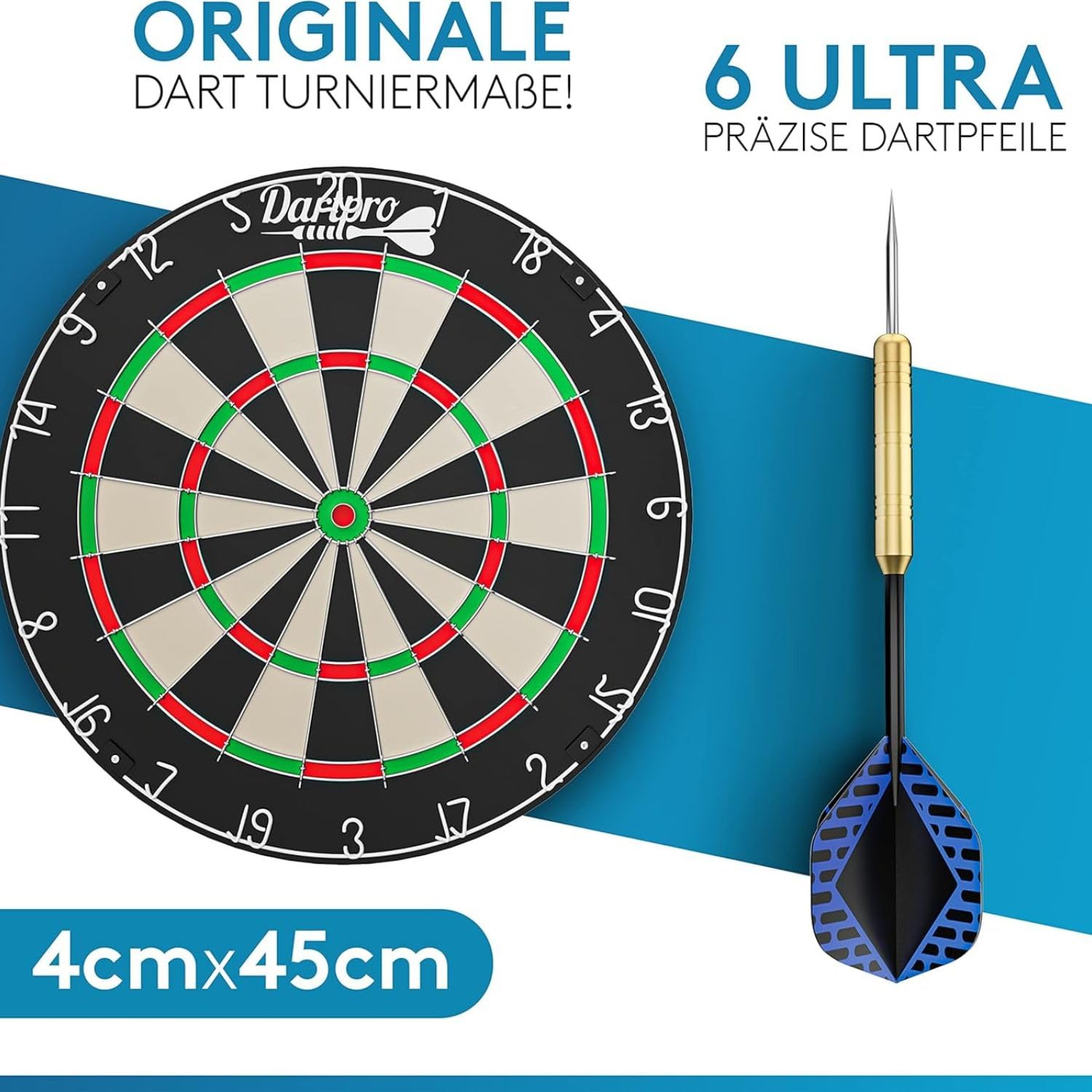 DartPro - DAS ORIGINAL - Dartscheibe mit Pfeilen - Profi Steeldartscheibe aus hochwertigstem Sisal - Dartboard inkl. Montageset - Dart Scheibe mit 6 Gratis Dartpfeilen