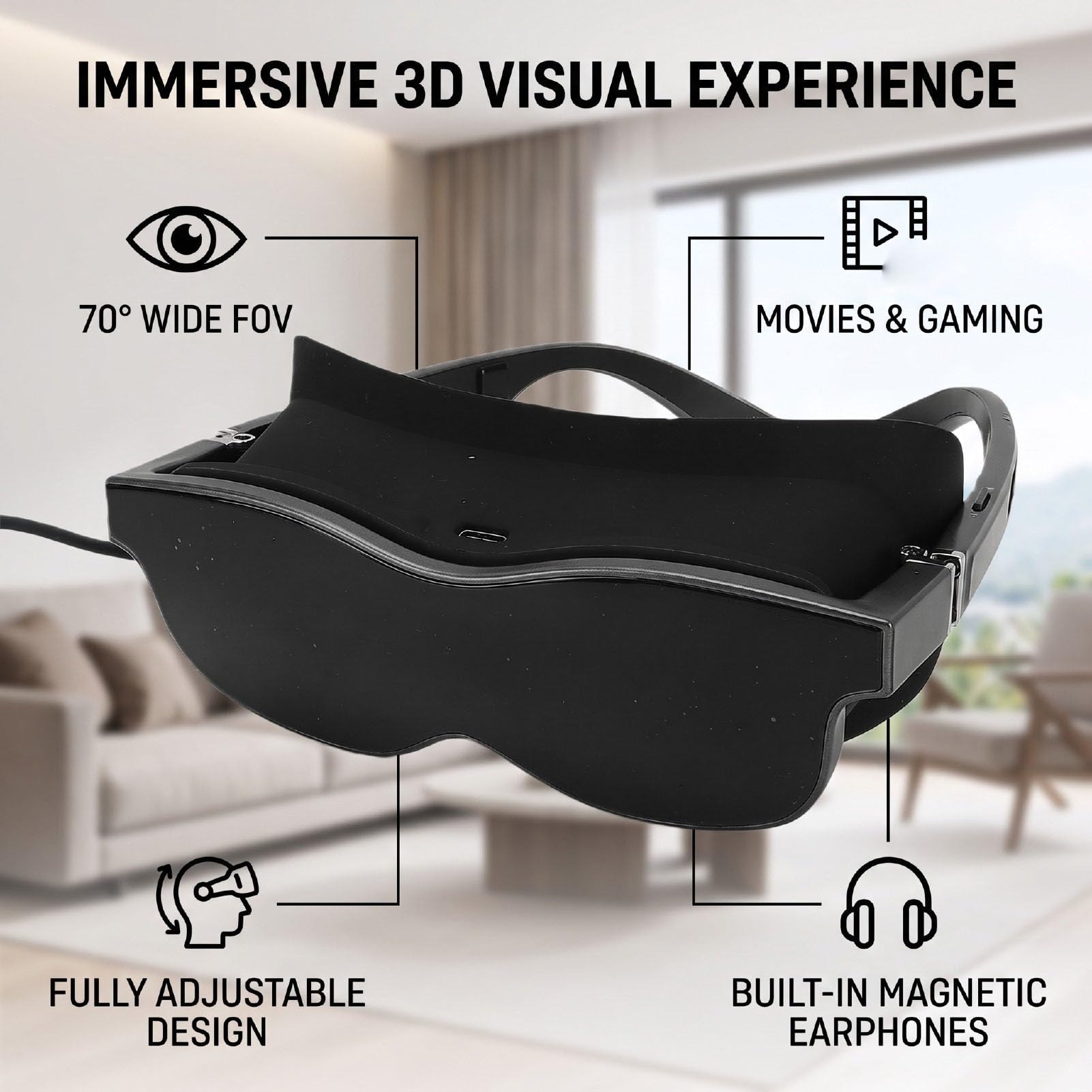 Gafas de Realidad Virtual, Visor 3D con Auriculares, Campo de Visión de 70 Grados for Ver Películas y Juegos