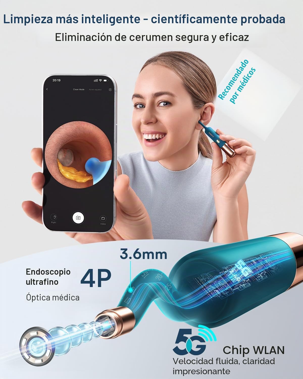 Bebird Pro Earsight Ultra Eliminador de cerumen con WiFi 5G y otoscopio 1080P HD, limpiador flexible con cámara y 30 puntas de repuesto, gotero de eliminación de cerumen para adultos, niños, iOS, Andr