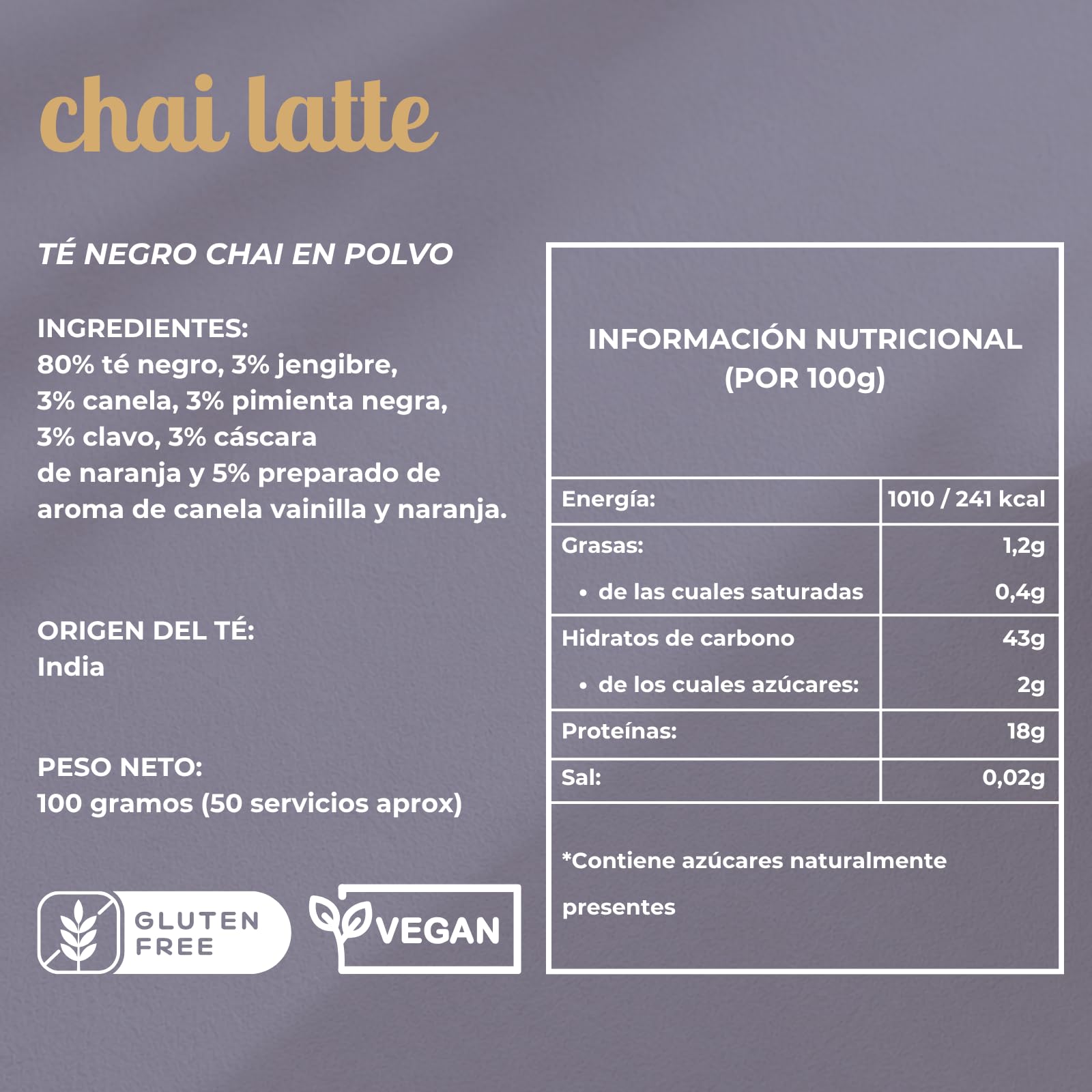 FUSIONATE Chai Latte 80% Té Negro India | Sin Azúcar | Masala Instantáneo en Polvo | Jengibre, Canela y Pimienta | Sin Aditivos | 100g