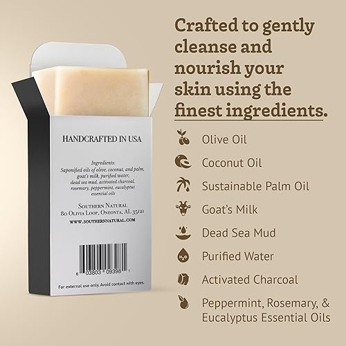 Miniatura 4 de Southern Natural Barra de jabón de leche de cabra de lodo y carbón del Mar Muerto, jabón facial y corporal para pieles sensibles con aceite esencial