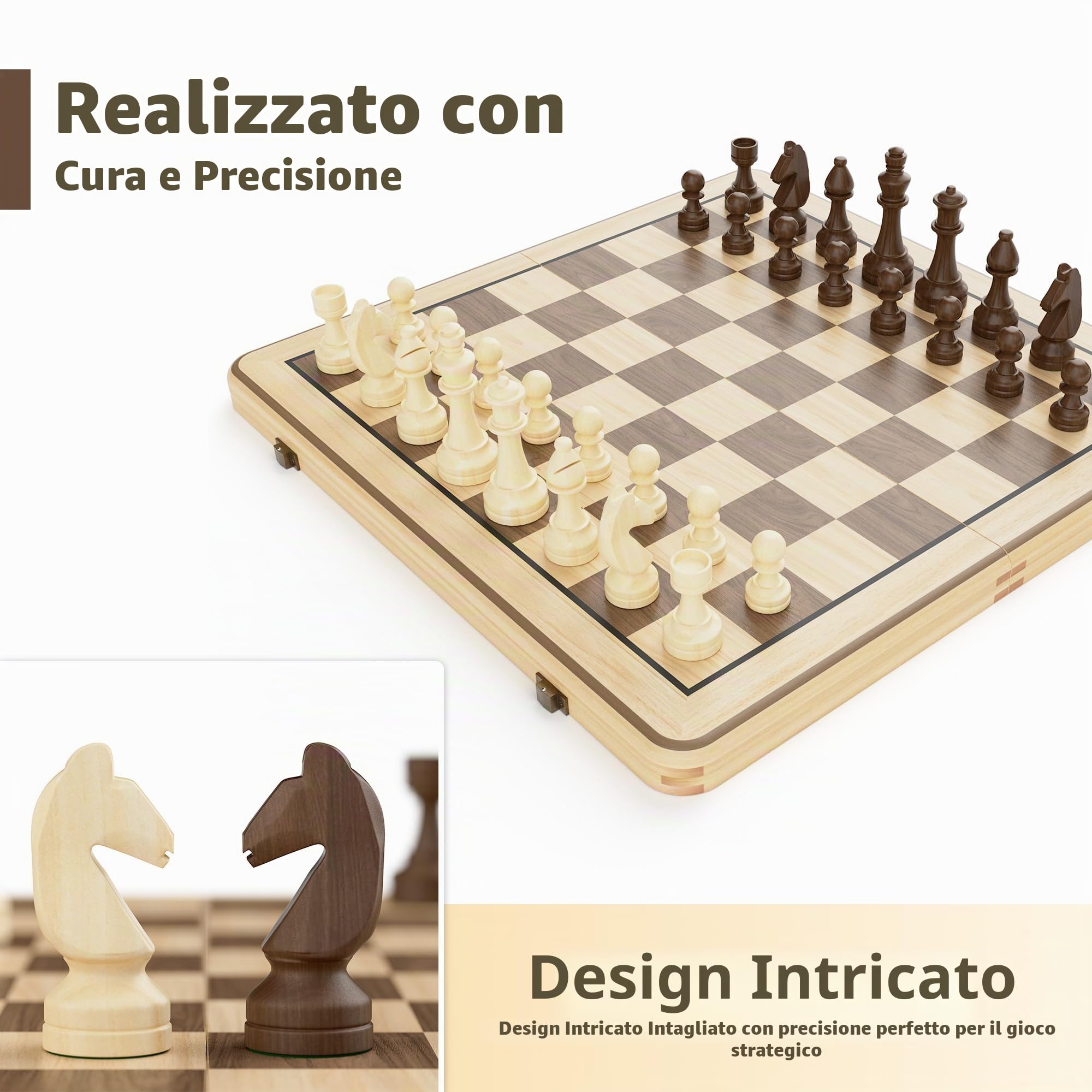 Set Scacchi e Dama 2 in 1 da 38cm - Scacchiera in Legno Pieghevole con Pezzi Staunton da 7,6cm e 2 Regine Extra - Gioco da Tavolo di Alta Qualità