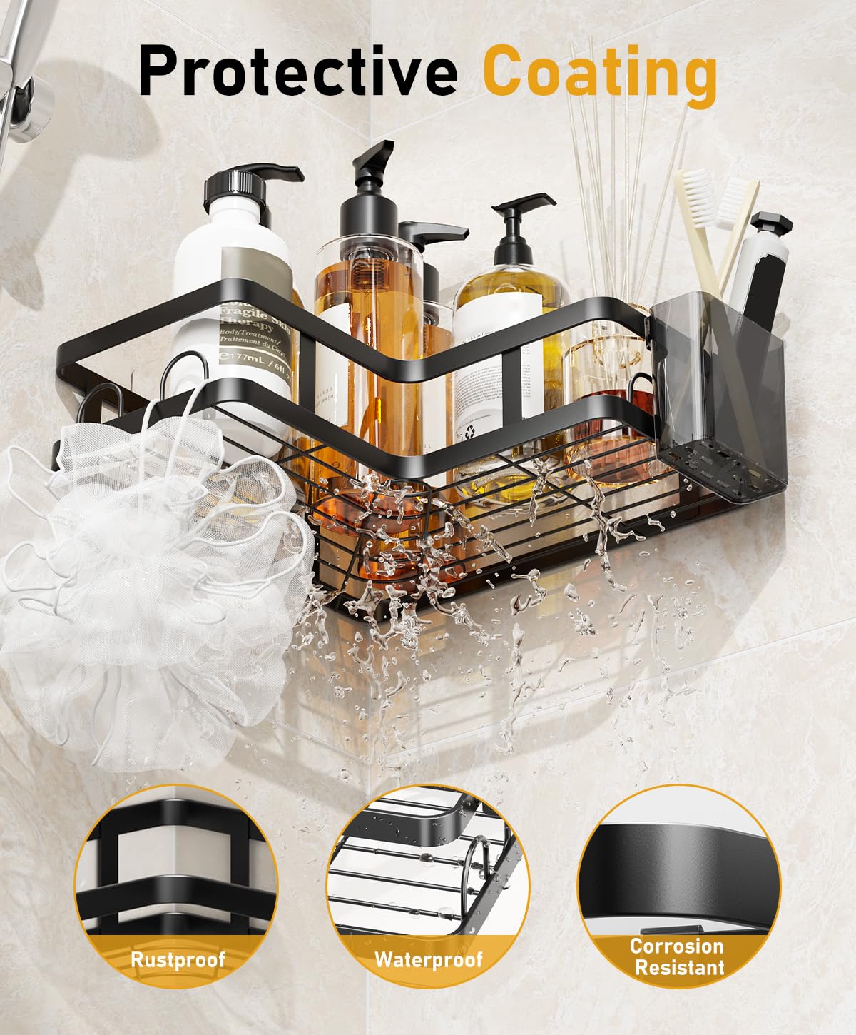 PUPILLEMON 3 Pack Corner Shower Caddy Organizer, Rustproof Corner Shower Shelves, No Drilling Bathroom Corner Shelf with Hooks and Toothpaste Holder - 5