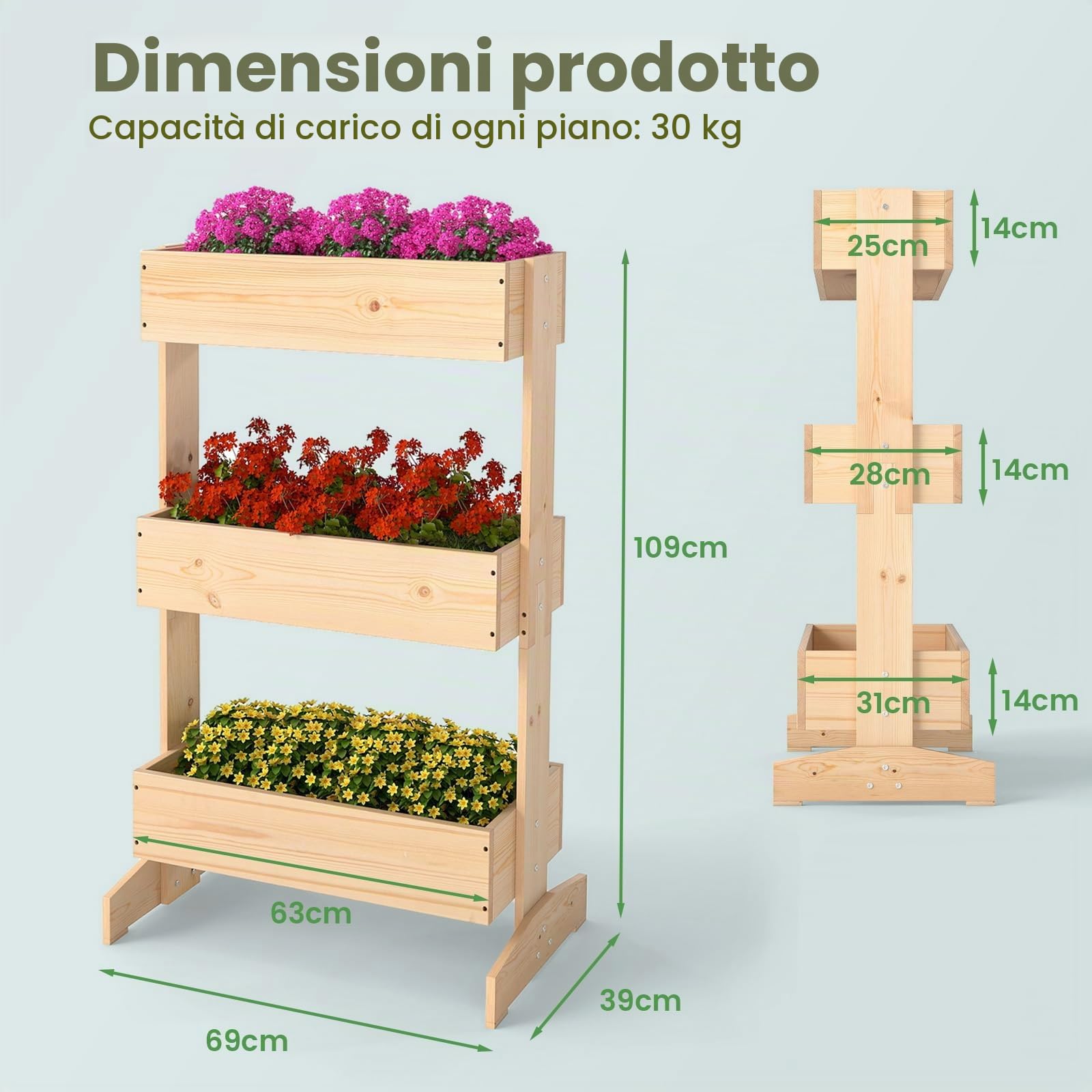 HOMASIS Orto Rialzato da Esterno a Tre Livelli, Fioriera Rialzata a Scala in Legno di Pino con Foro di Drenaggio, Vaso Regolabile per Fiori e Verdure da Giardino, 69 x 39 x 109 cm, Naturale