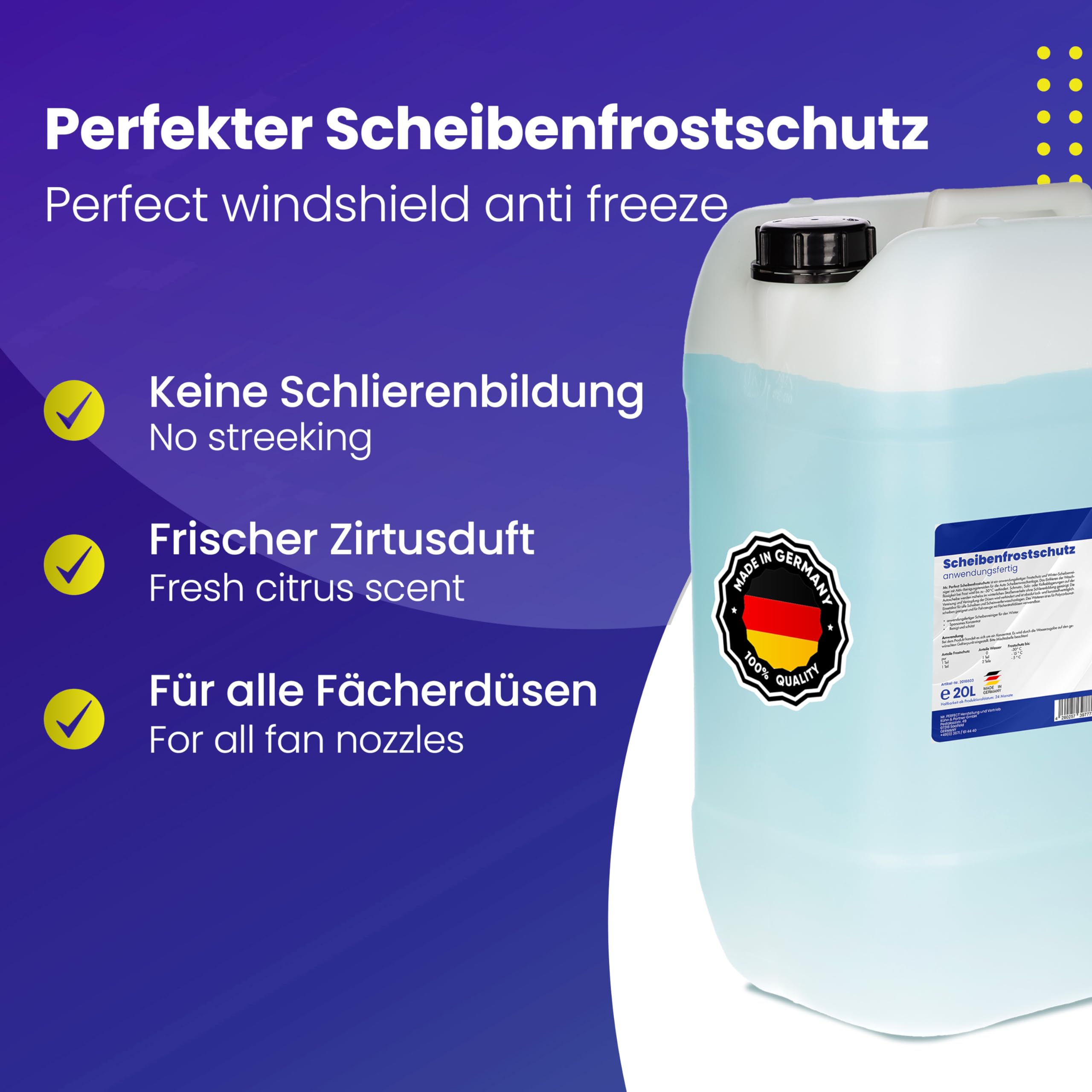 Mr. Perfect Scheibenfrostschutz 20L – Hocheffektiver Scheibenwasser Frostschutz bis -30°C - Sofort einsatzbereit - Absolut schlierenfreie Reinigung – Angenehmer Citrusduft geliefert in 4x5L