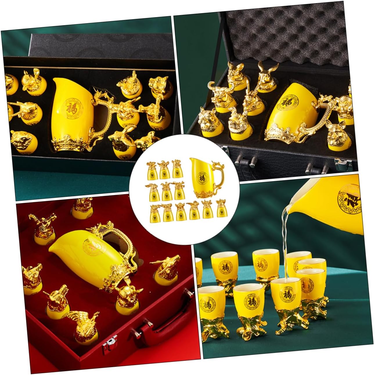 Alipis Chinese Style Liquor Drinking Kit Ceramic Wine Glasses Gold Plated Zodiac Animal Decor Set