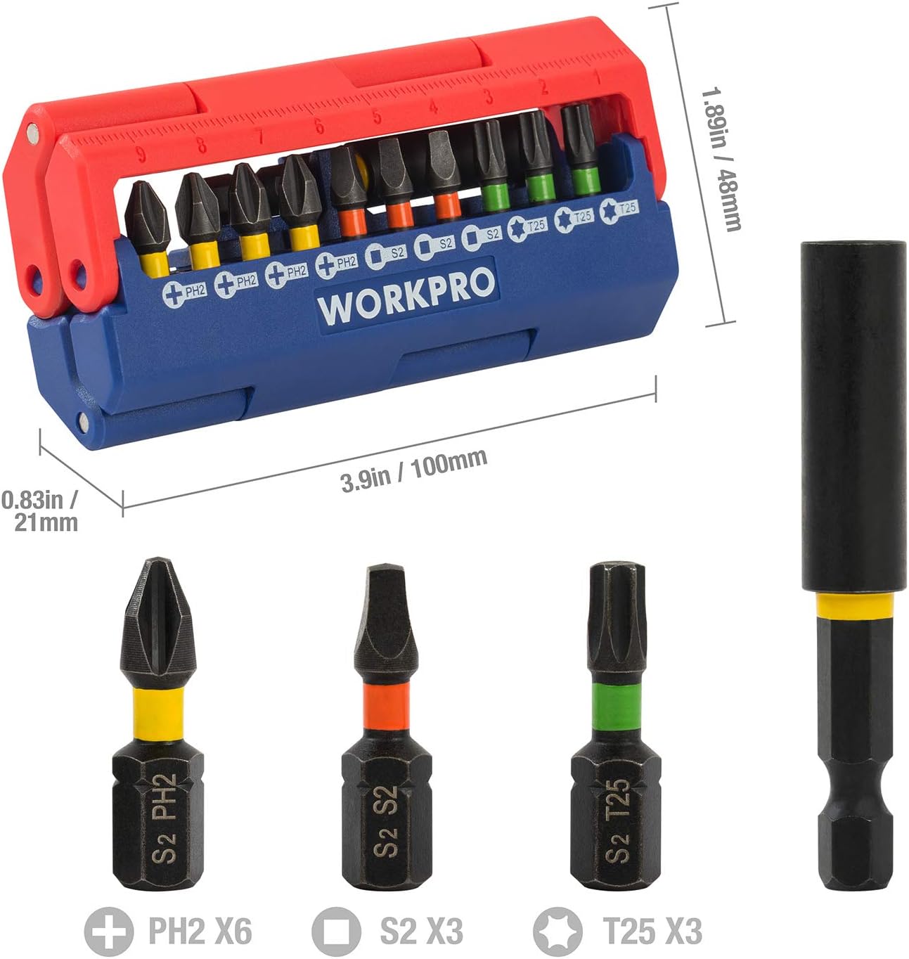 WORKPRO Impact Driver Bit Set, 13-piece, Preminum S2 Made, Includes PH2, S2, T25, Magnetic Extension Bit Holder with Pressed Magnetic Case