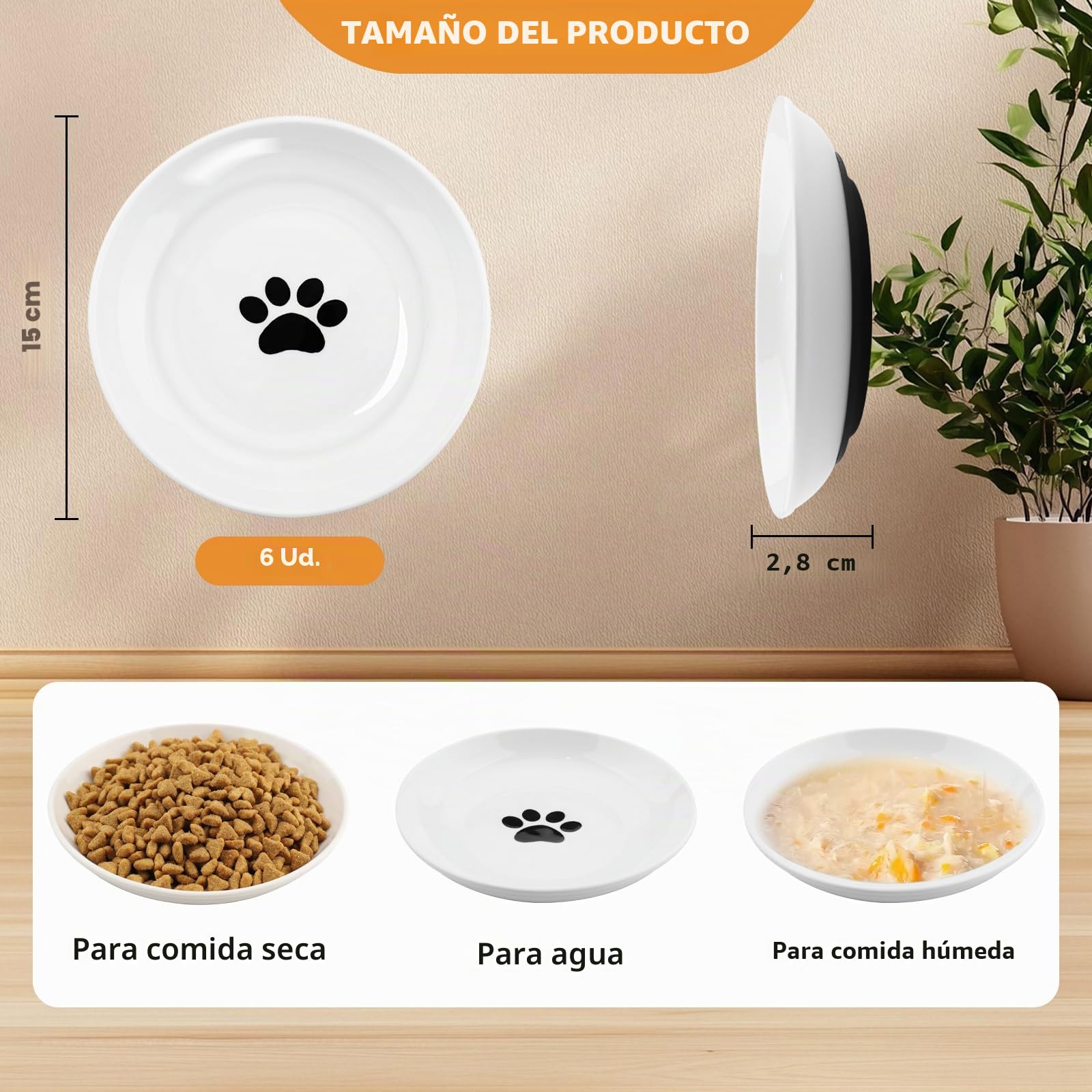 6 Piezas Cuenco Gato, Plano Ceramica Gato, Cuencos de Cerámica para Gatos con Base Antideslizante de Silicona, Comedero para Gatos Gatitos Perros Pequeños, Blanco 15×15×2,8 cm