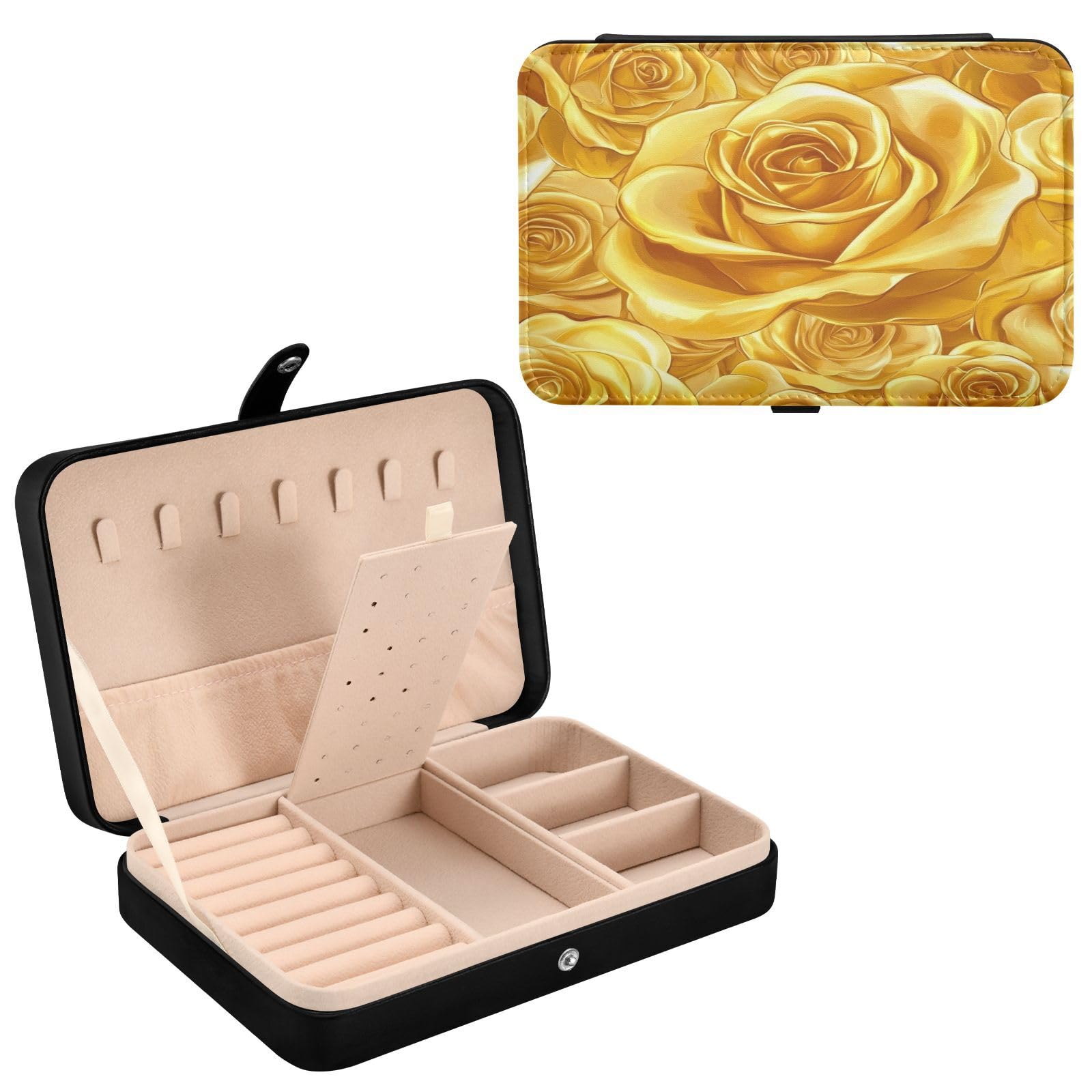 Haskirky Gold Rose Jewelry Box Portable PU Leather Travel Jewelry Organize for Women Jewelry Storage Display Holder for Ring, Necklace, Earring