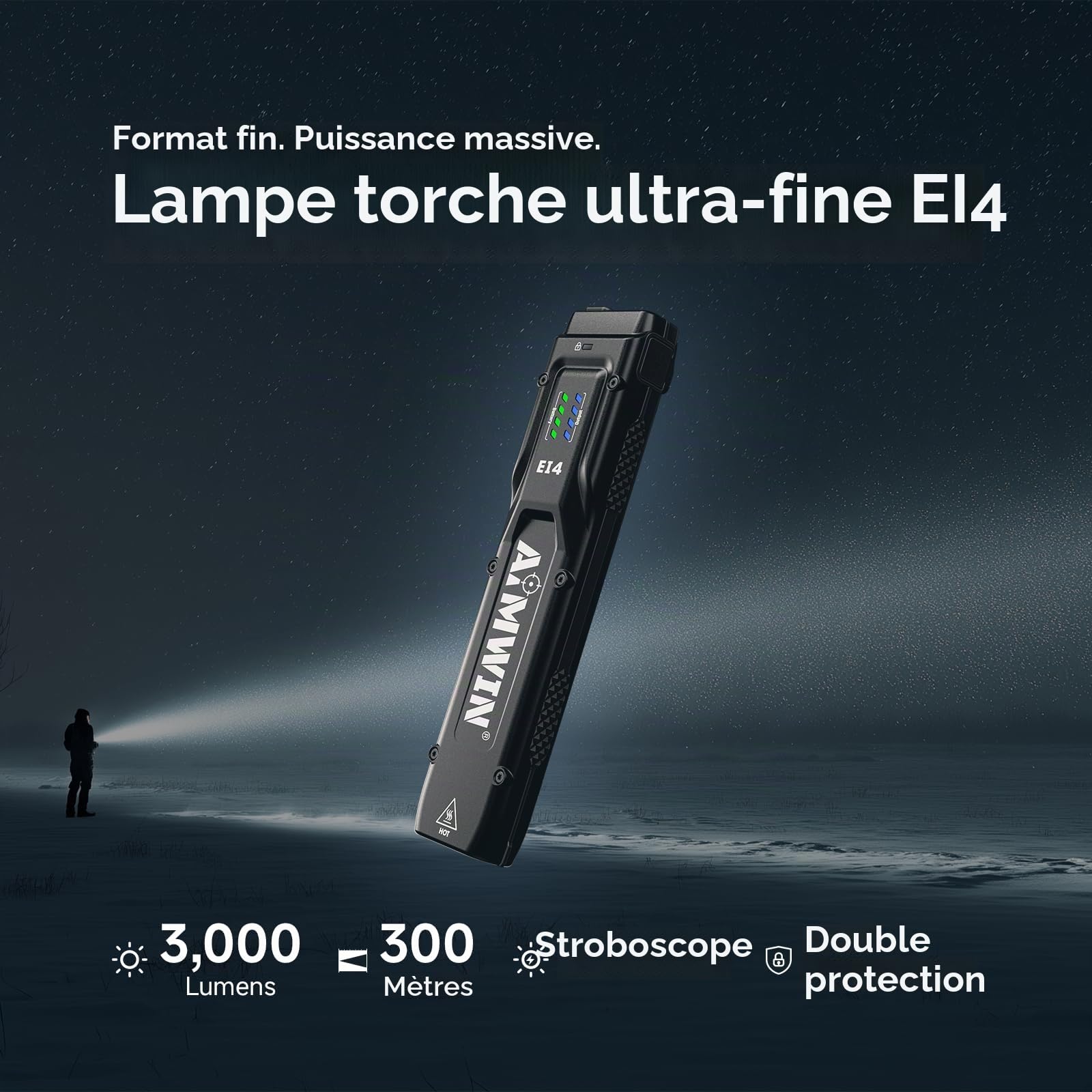 AIMWIN EI4 Lampe Torche LED Puissante 3000 Lumens Lampe de Poche Rechargeable USB C Portée 300m Lampe Tactique EDC Plate pour Camping Sécurité Double Interrupteur Mode Turbo Stroboscope