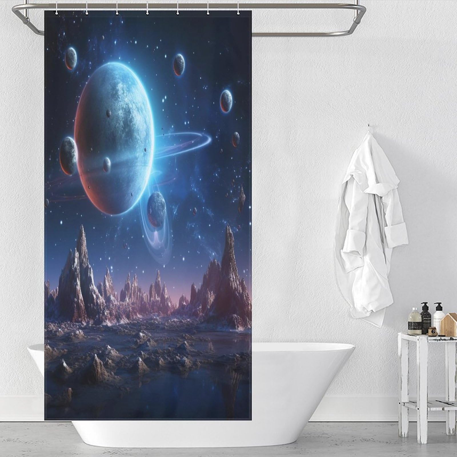 Rideau de douche ciel étoilé en polyester lavable 92x183cm pour petite salle de bain moderne