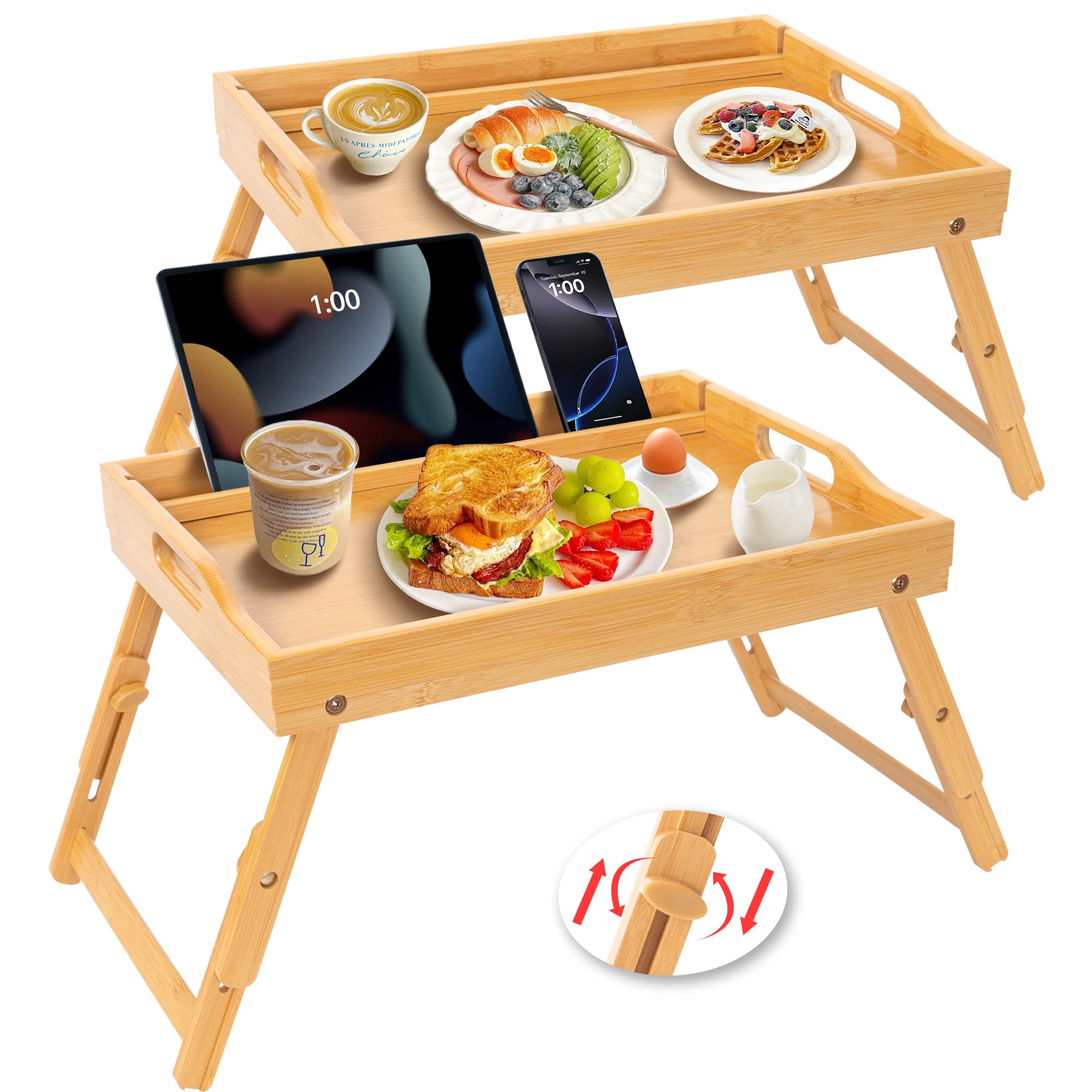 Greenual Betttablett mit Griffen, klappbare Beine, Bambus, Frühstückstablett mit Medienschlitz, Verwendung als Platte, Laptop-Schreibtisch, Snack, TV-Tablett, Küche, Serviertablett, 2 Stück